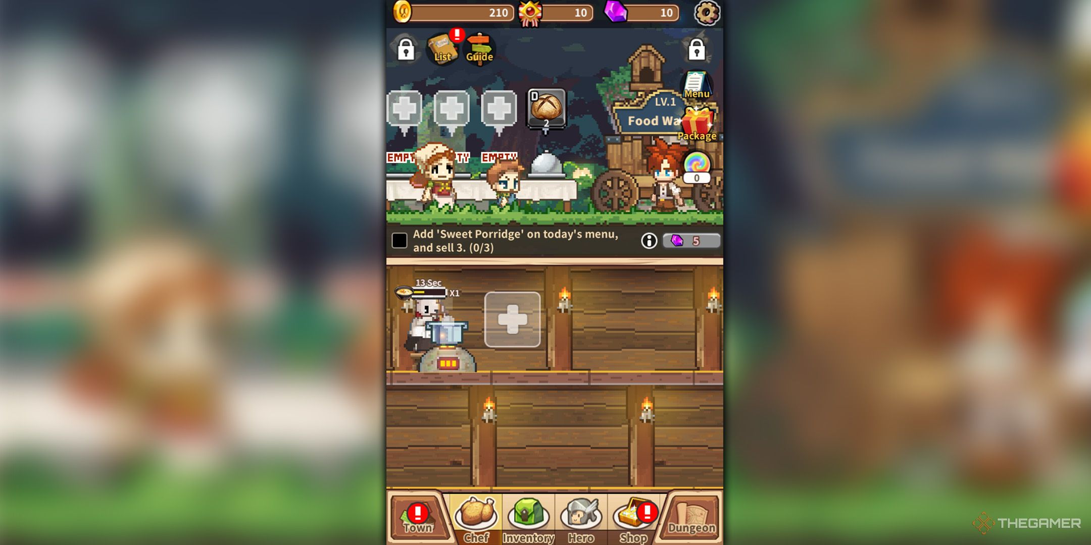 A screenshot of Cooking Quest, in which two customers approach a food truck while the chef makes porridge.