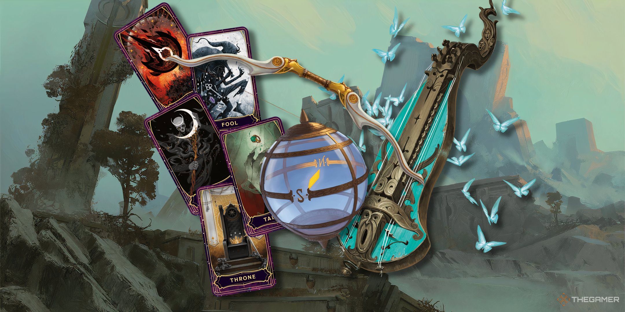 Various magic items in a split image with one another in front of an ancient ruin in Dungeons & Dragons.