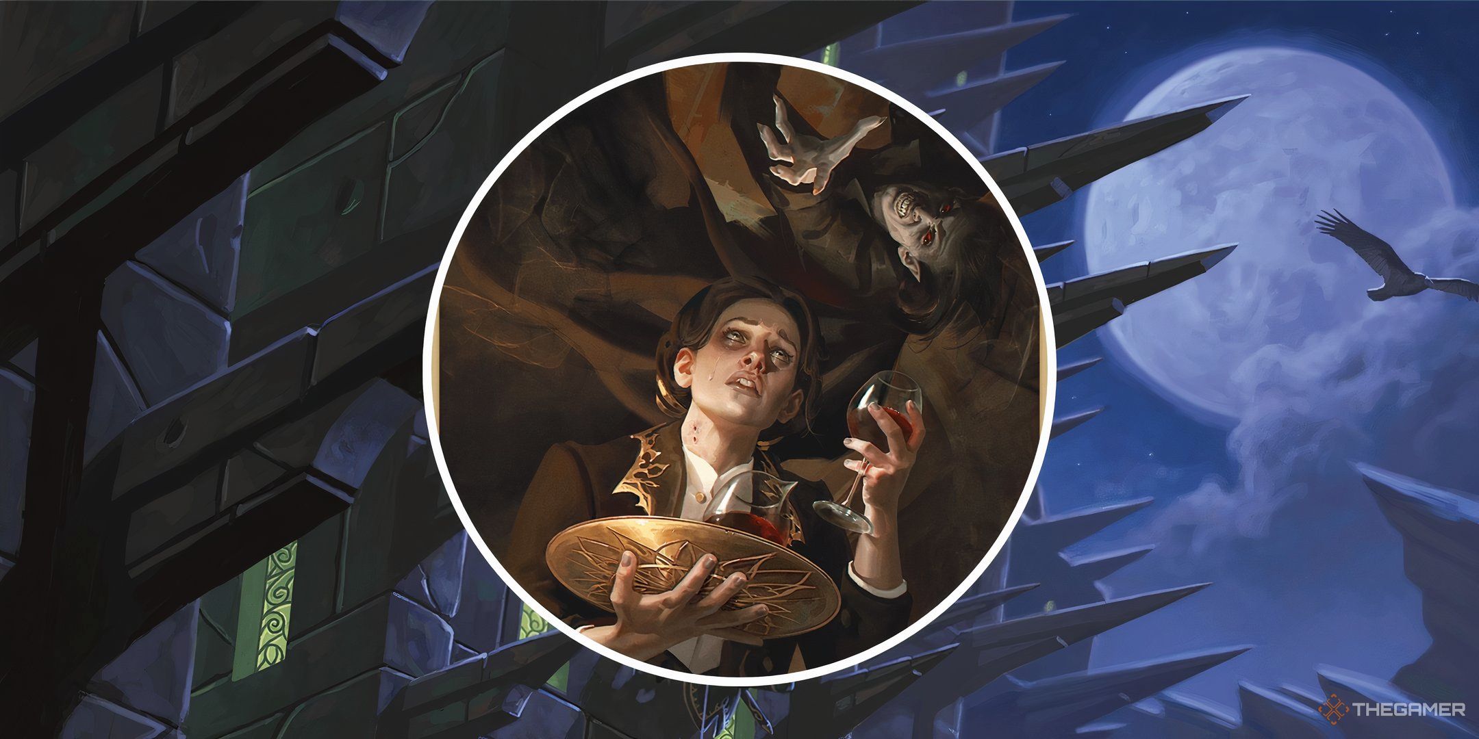 A woman being hunted by a Vampire in Dungeons & Dragons in a split image with a castle.