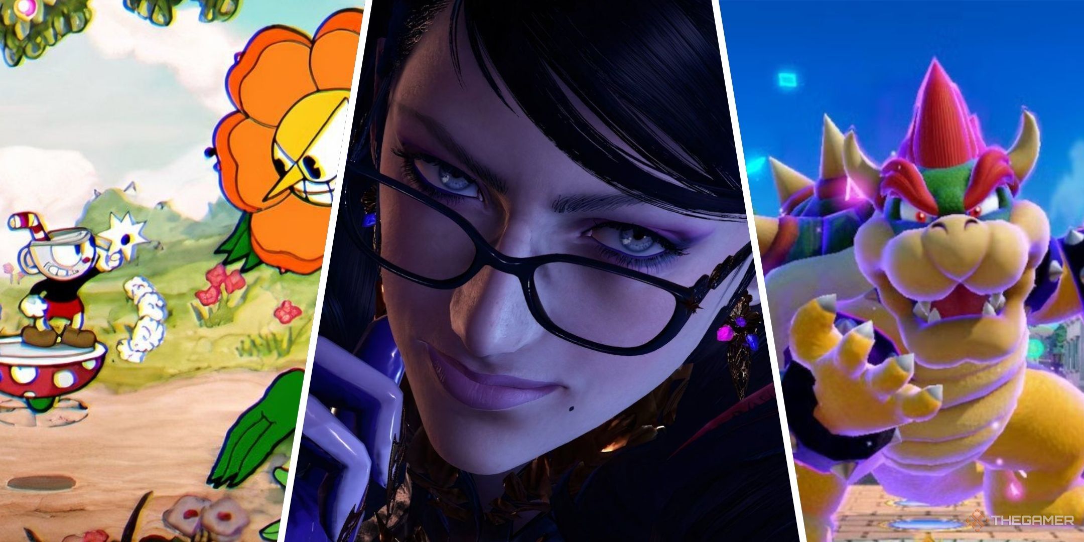 Switch game collage with Cuphead, Bayonetta 3, and Bowser in Mario Party Jamboree.