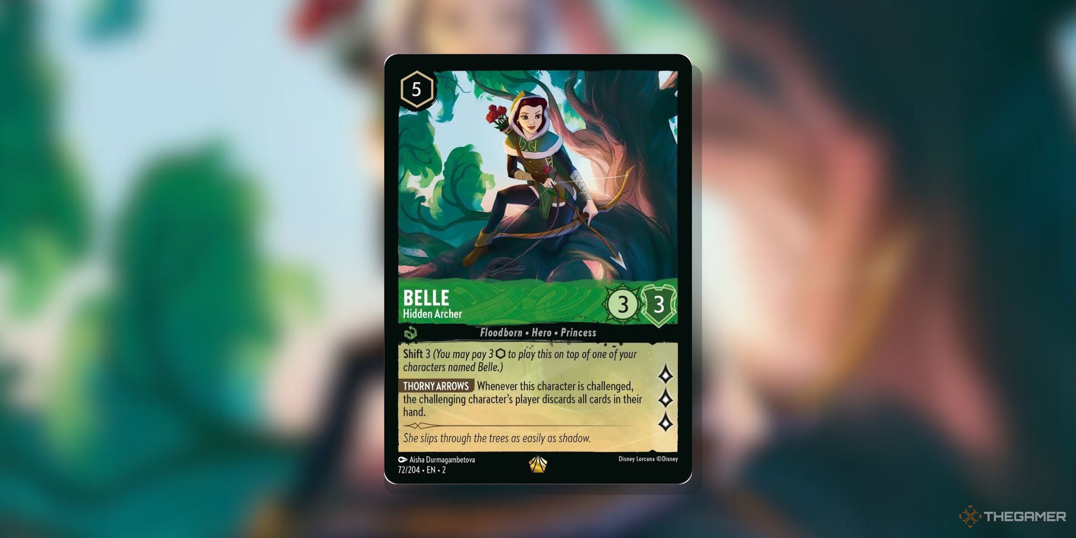 Disney Lorcana Belle, Hidden Archer card on a blurred background.