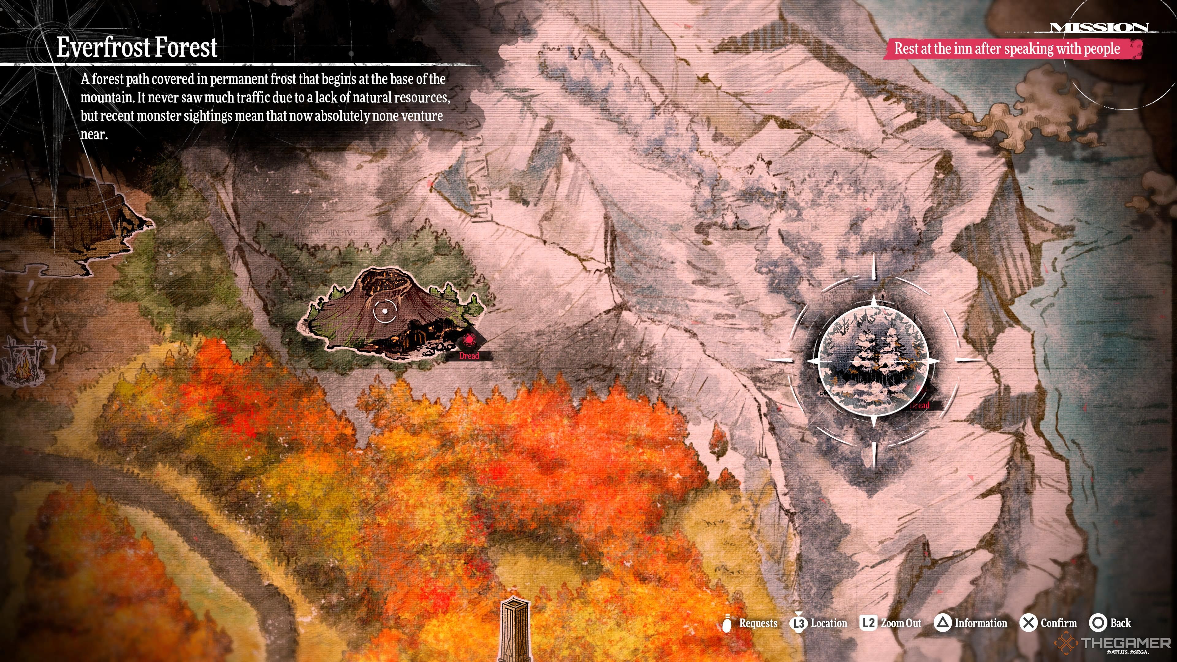 A screenshot of the world map showcasing the Everfrost Forest dungeon in Metaphor: ReFantazio.