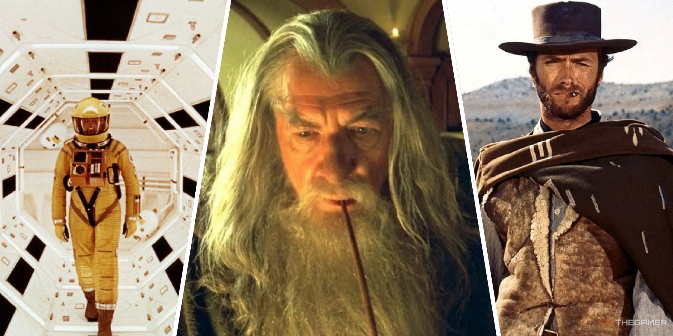 Collage image showing scenes from 2001 Space odyssey, Lord of the Rings and the Good, the Bad and the Ugly.