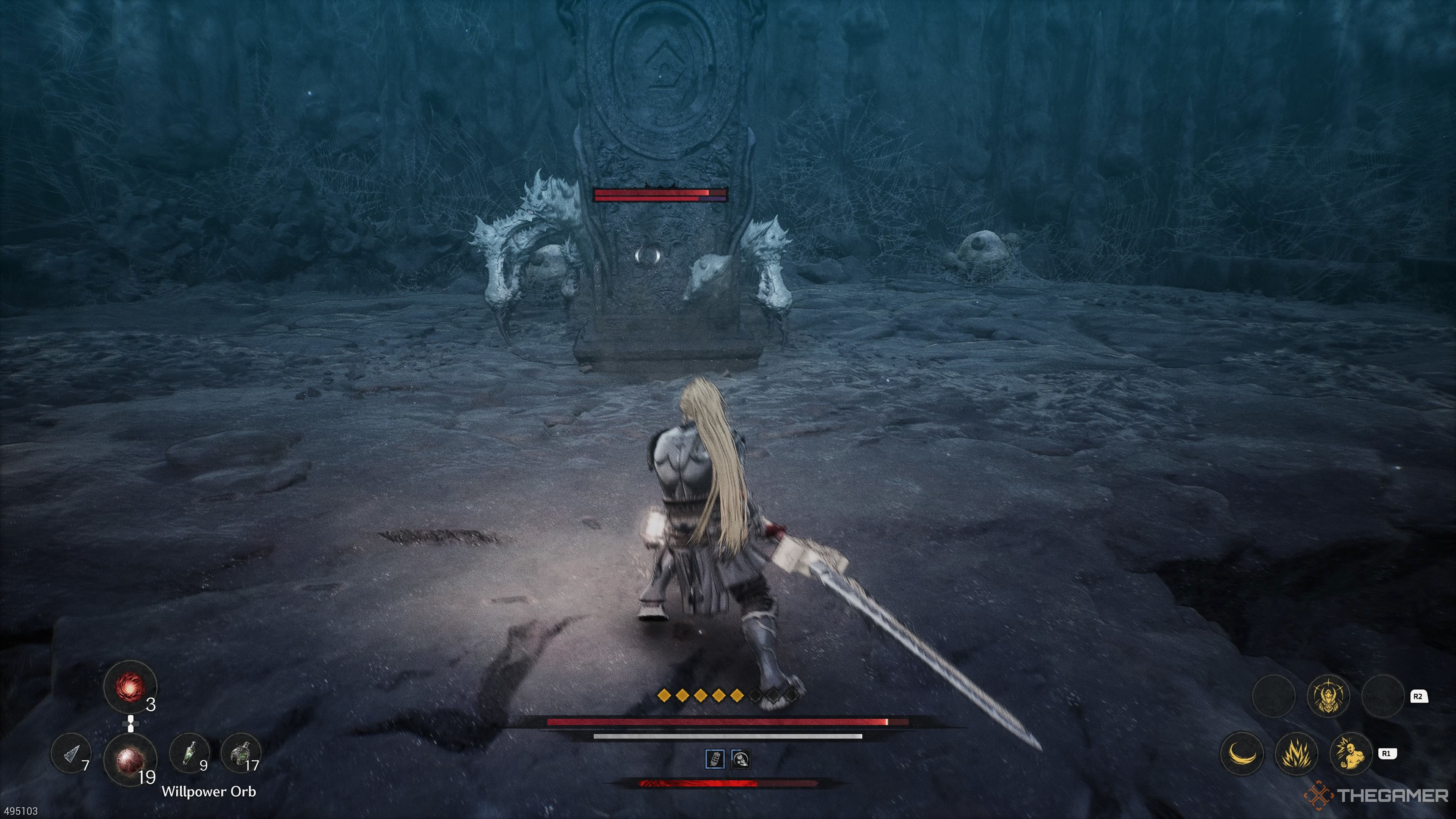 Fighitng the Pincer Spider in the Hermit Mountains in The First Berserker Khazan.