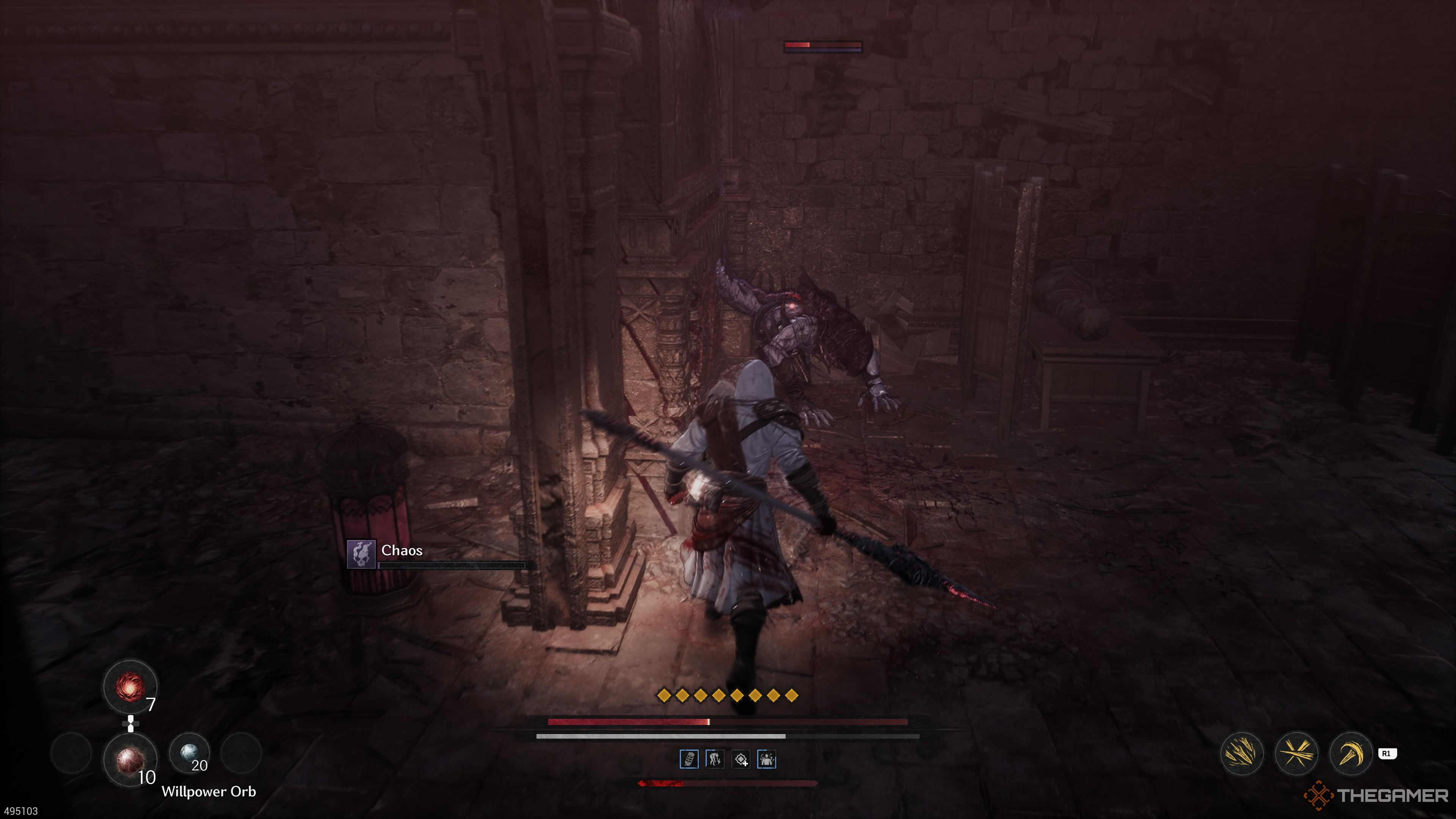 Fighting the first Corrupted Creation in the Why Have You Forsaken Us Stage in The First Berserker Khazan.