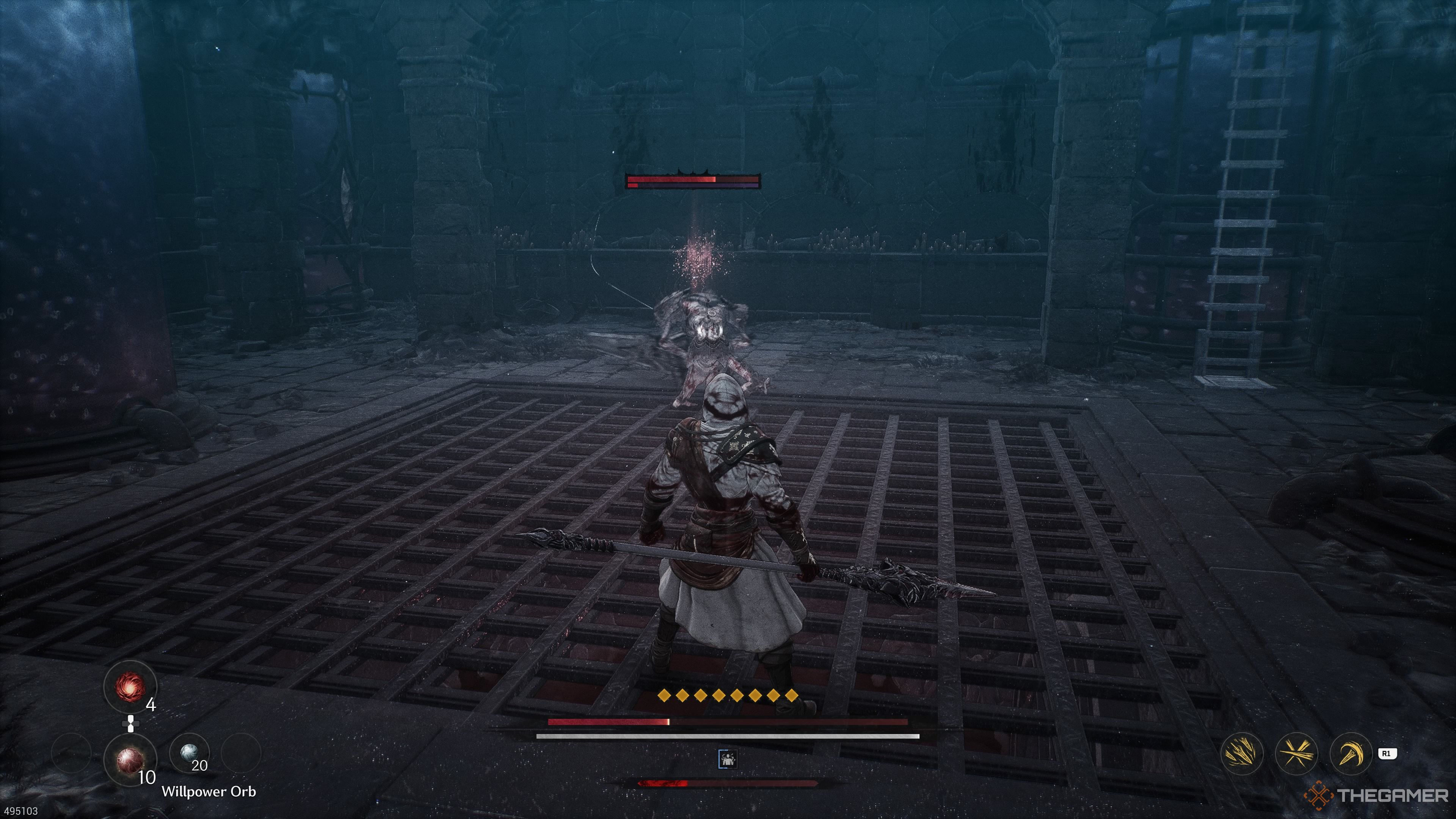 Fighting the Renowned Warrior's Shadow in the Why Have You Forsaken Us Stage in The First Berserker Khazan.