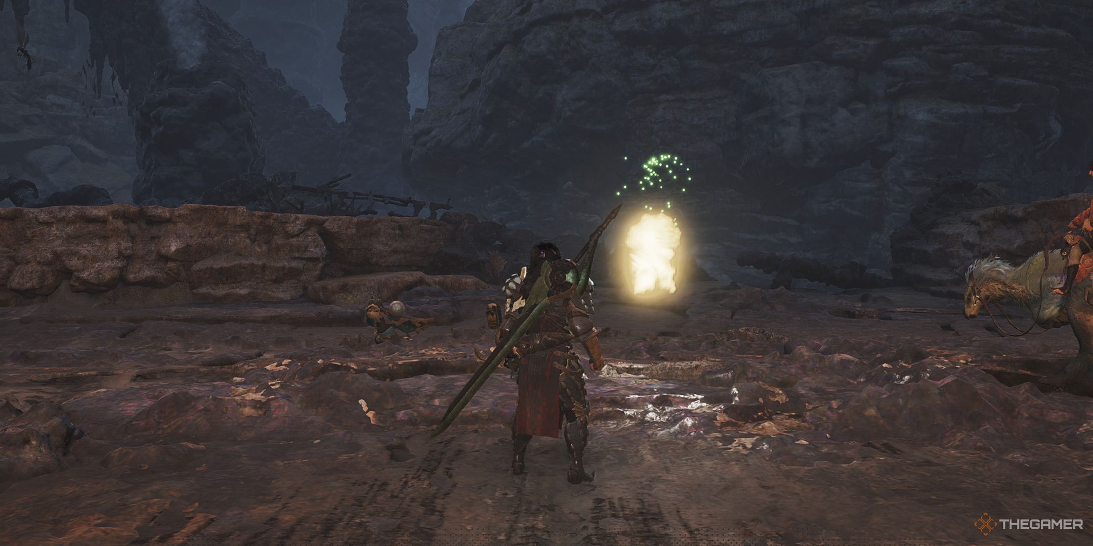The Hunter looking at a group of Flashflies in Monster Hunter Wilds.