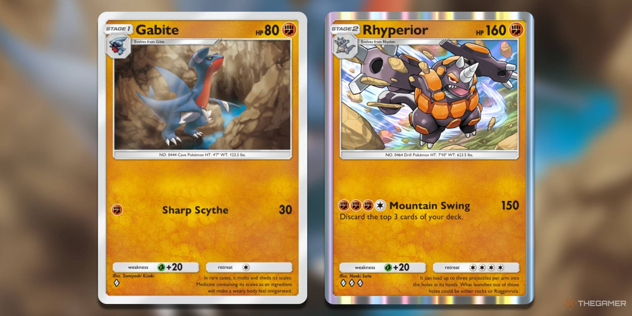 The Gabite card, from Triumphant Light, and the Rhyperior card, from Space-Time Smackdown.