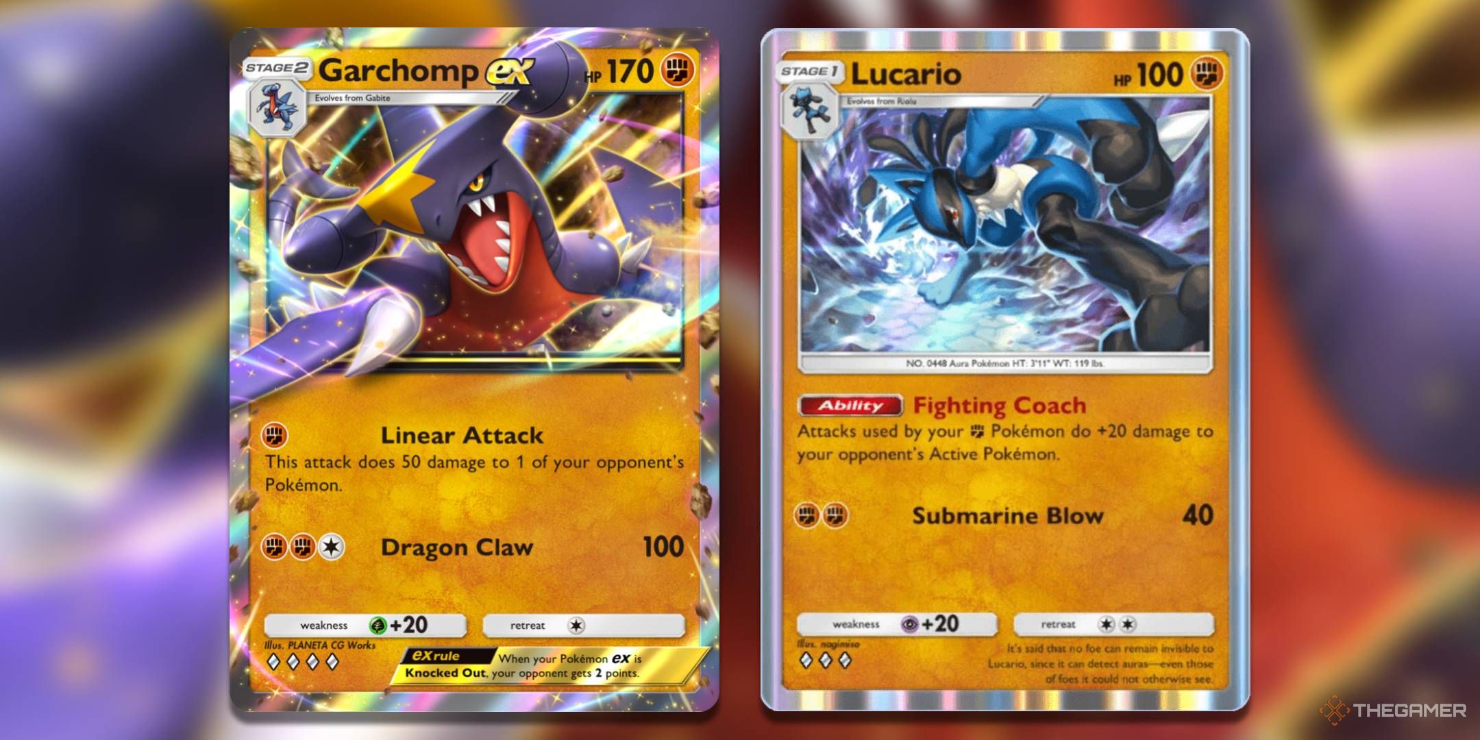 The Garchomp ex card, from Triumphant Light, and the Lucario card, from Space-Time Smackdown.