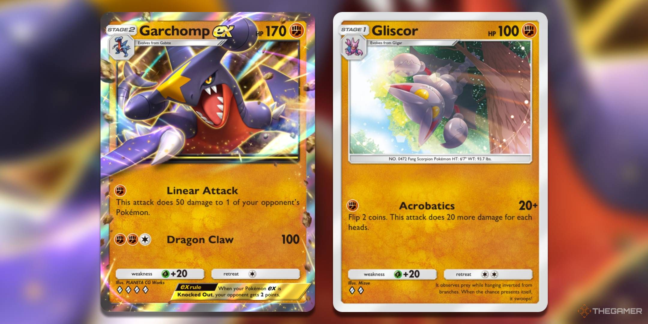 The Garchomp ex card, from Triumphant Light, and the Gliscor card, from Space-Time Smackdown.