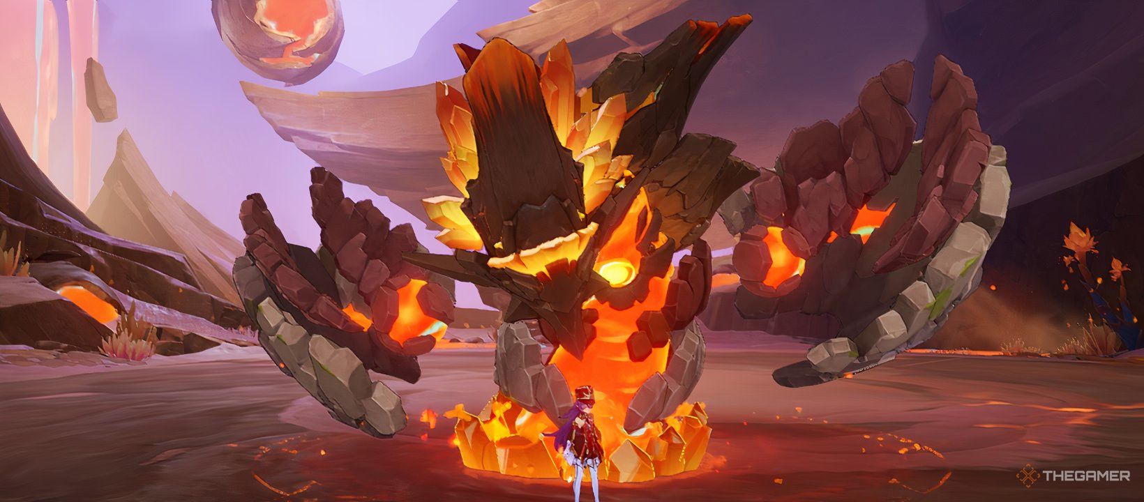 Genshin Impact, Chevreuse standing in front of the Lava Dragon Statue. (1)