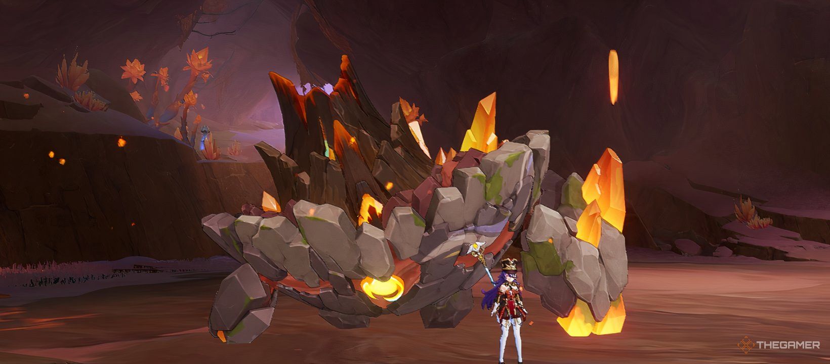 Genshin Impact, Chevreuse standing in front of the Lava Dragon Statue.
