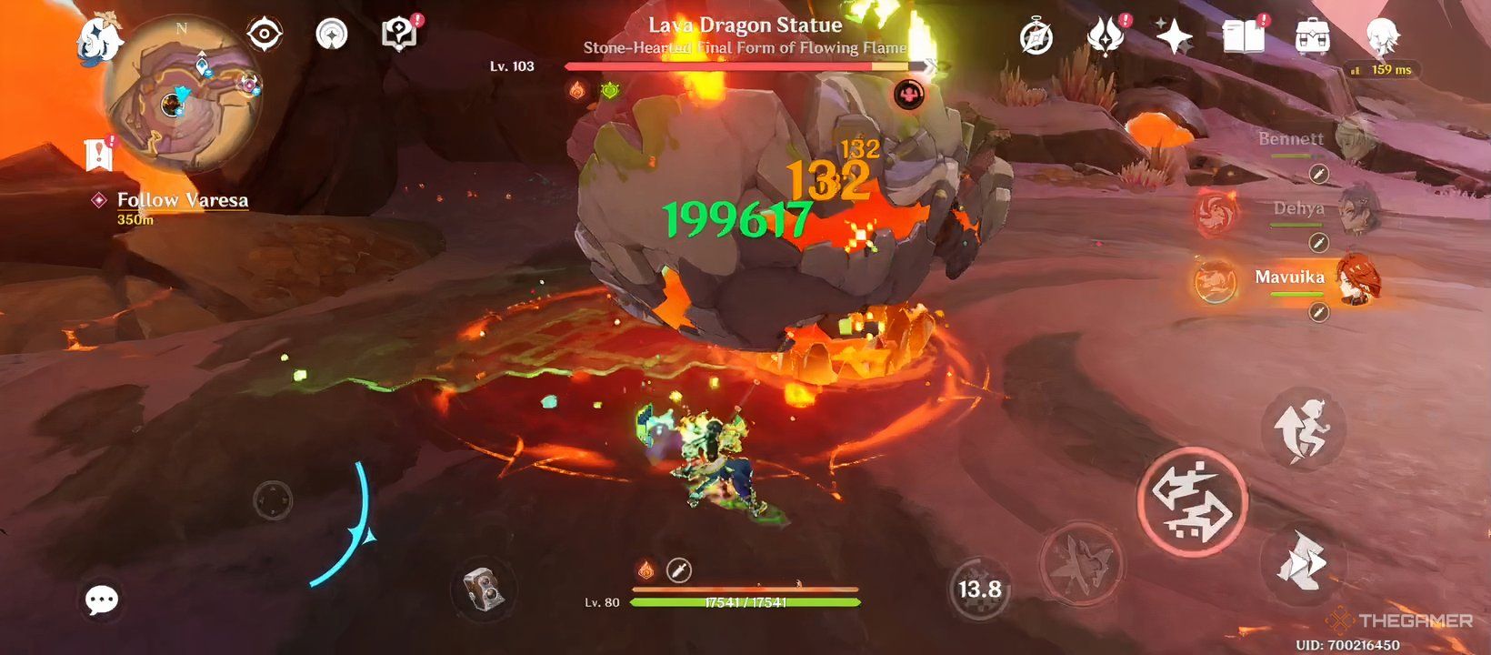 Genshin Impact, Kinich fighting the Lava Dragon Statue boss.