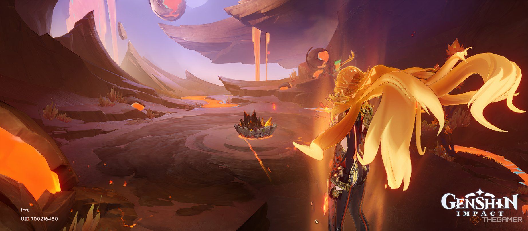 Genshin Impact, Mavuika looking down at the Lava Dragon Statue boss.