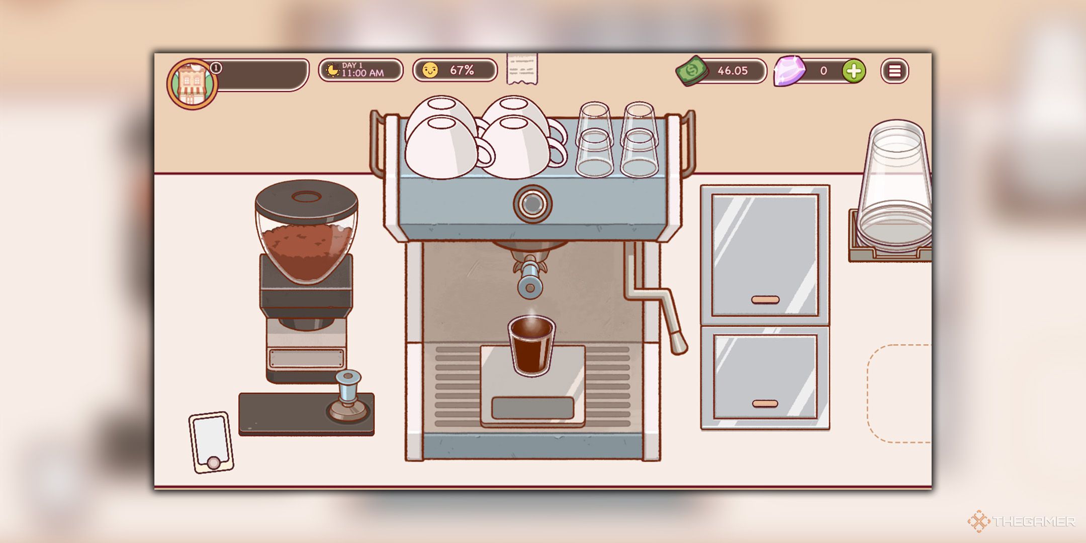 A screenshot of Good Coffee, Great Coffee, in which a coffee machine pours coffee into a glass.