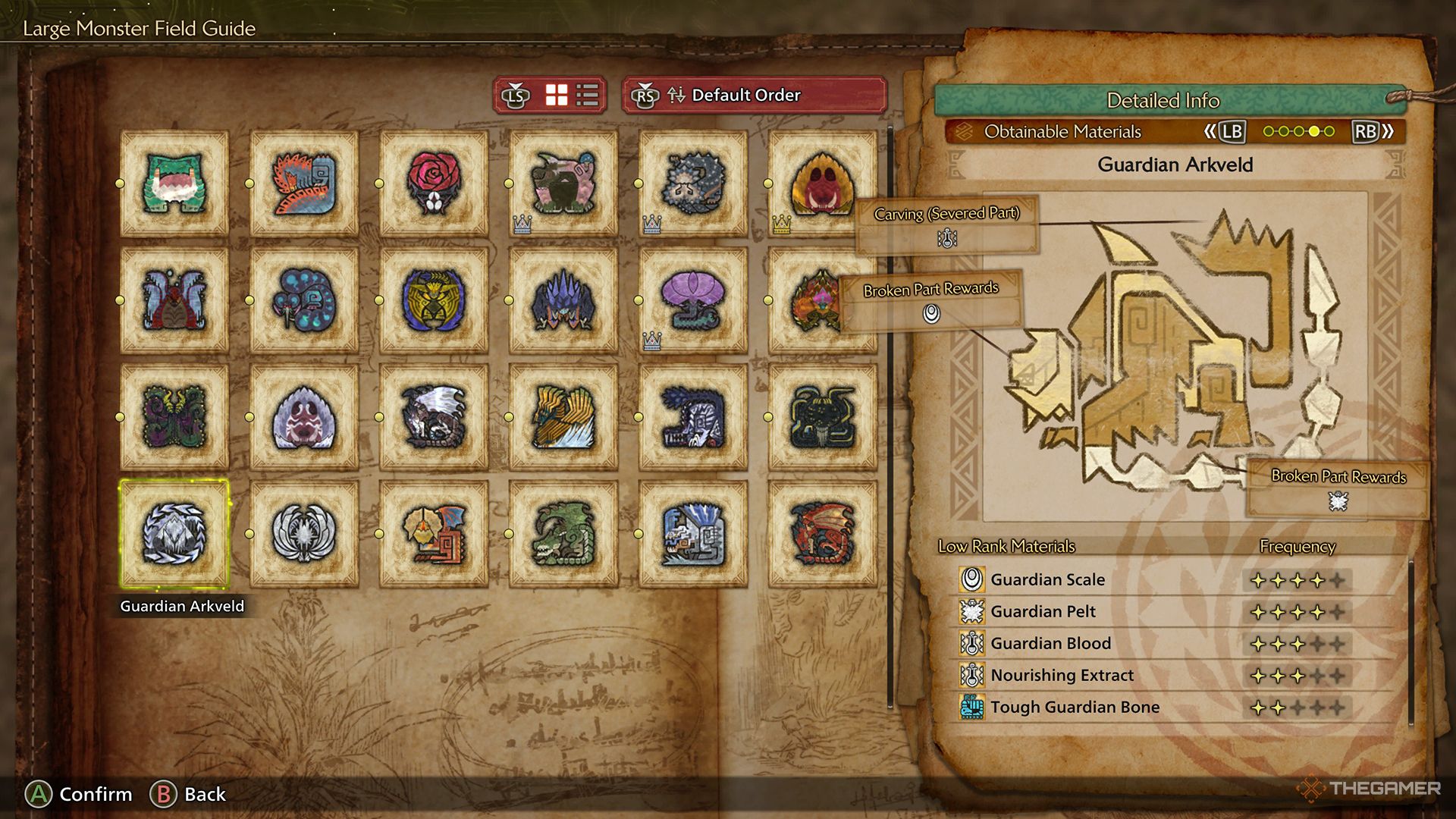 The Field Guide page for Guardian Arkveld's material drops in Monster Hunter Wilds.