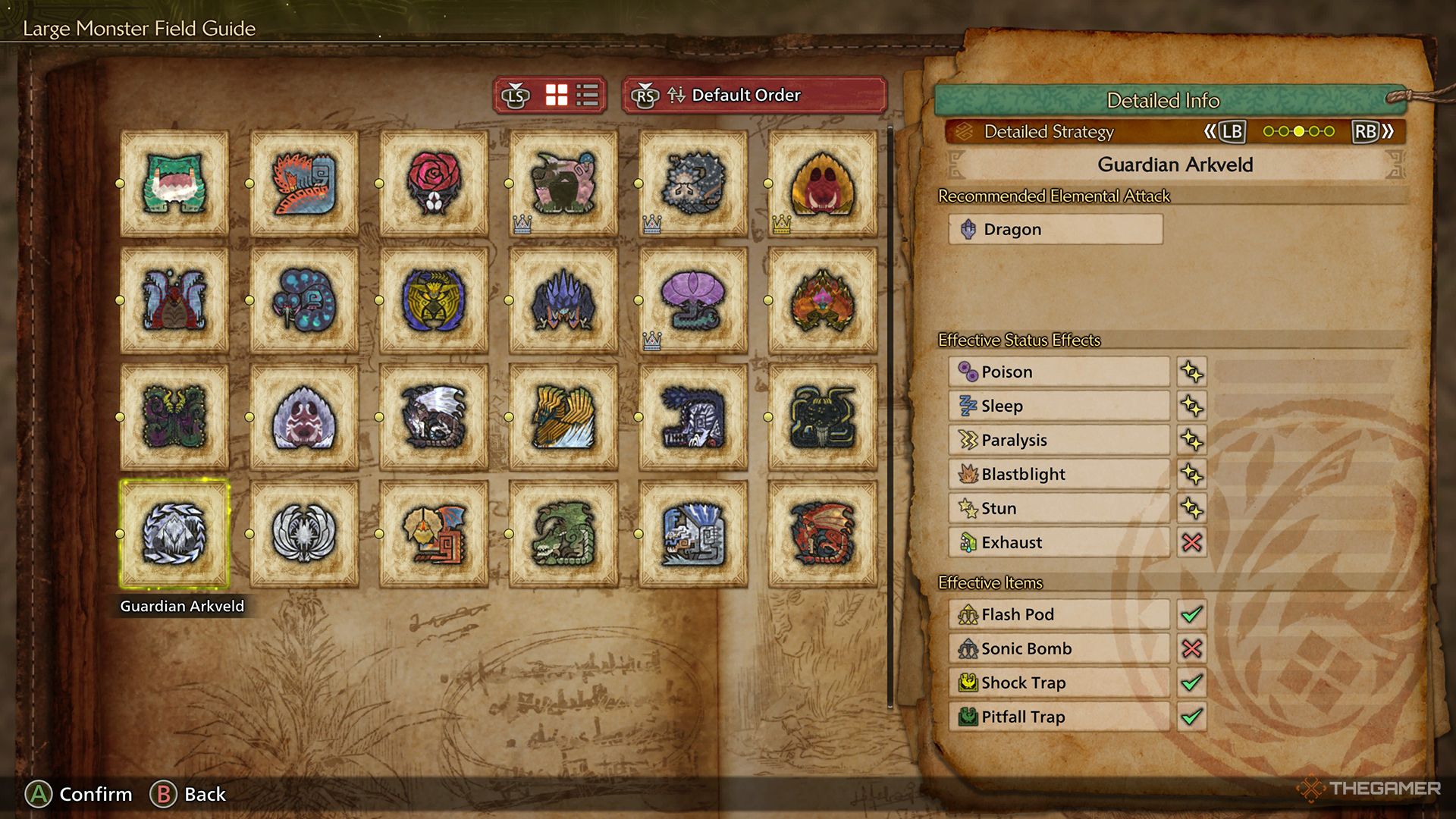 The Field Guide page for Guardian Arkveld's elemental and status weaknesses in Monster Hunter Wilds.