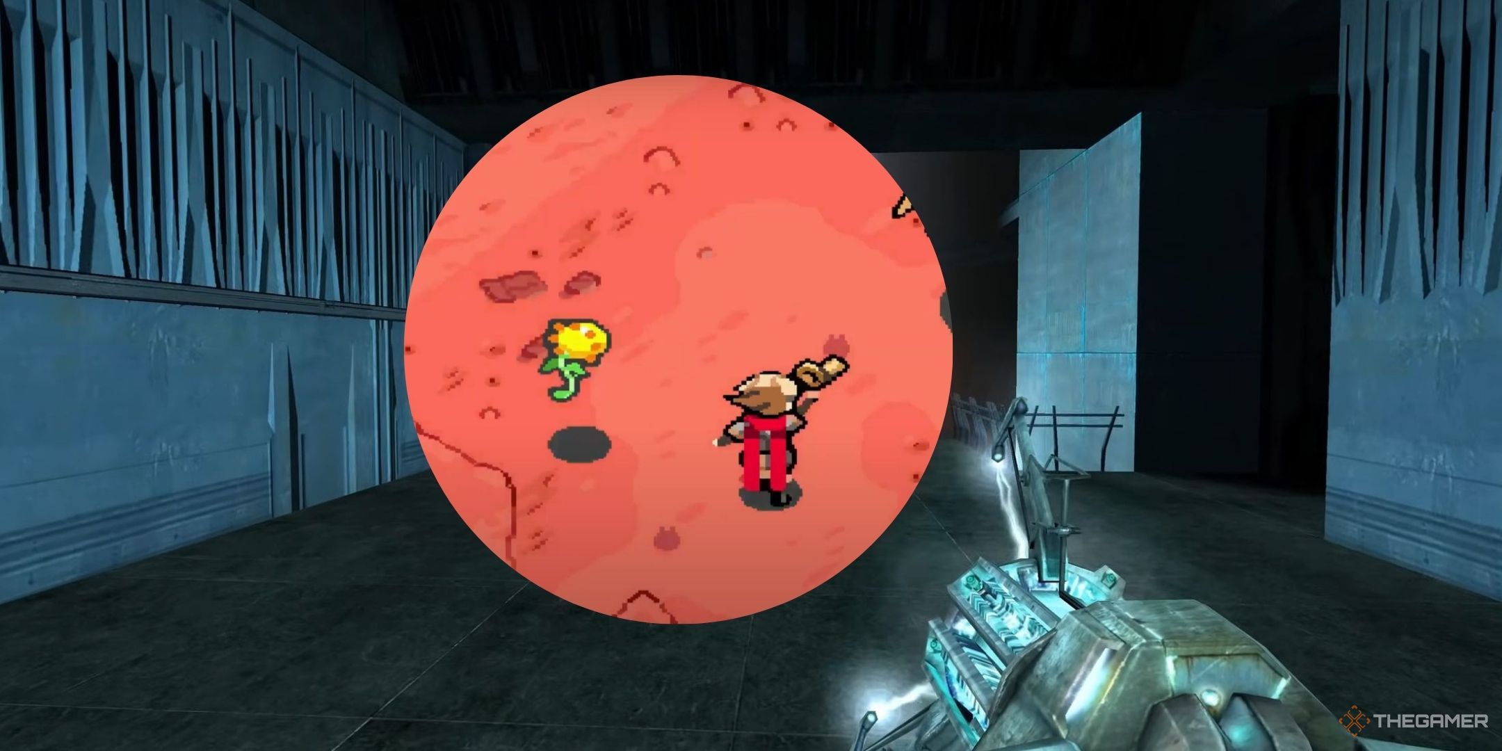 Half-life 2 Gravity Gun screenshot with a Botkai 2 image in a circle on top of it.