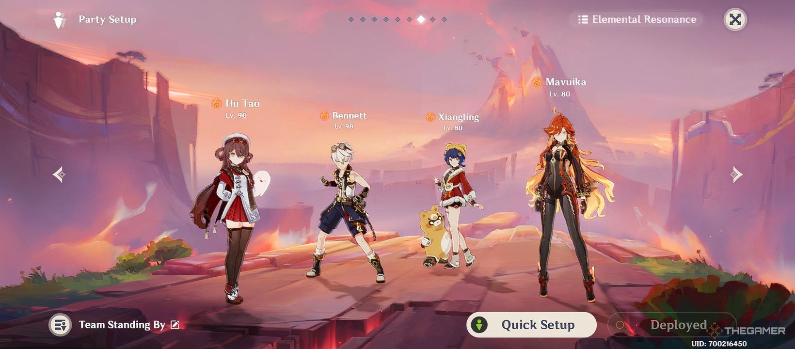 Hu Tao, Bennett, Xiangling, and Mavuika standing in the party setup page in Genshin Impact.