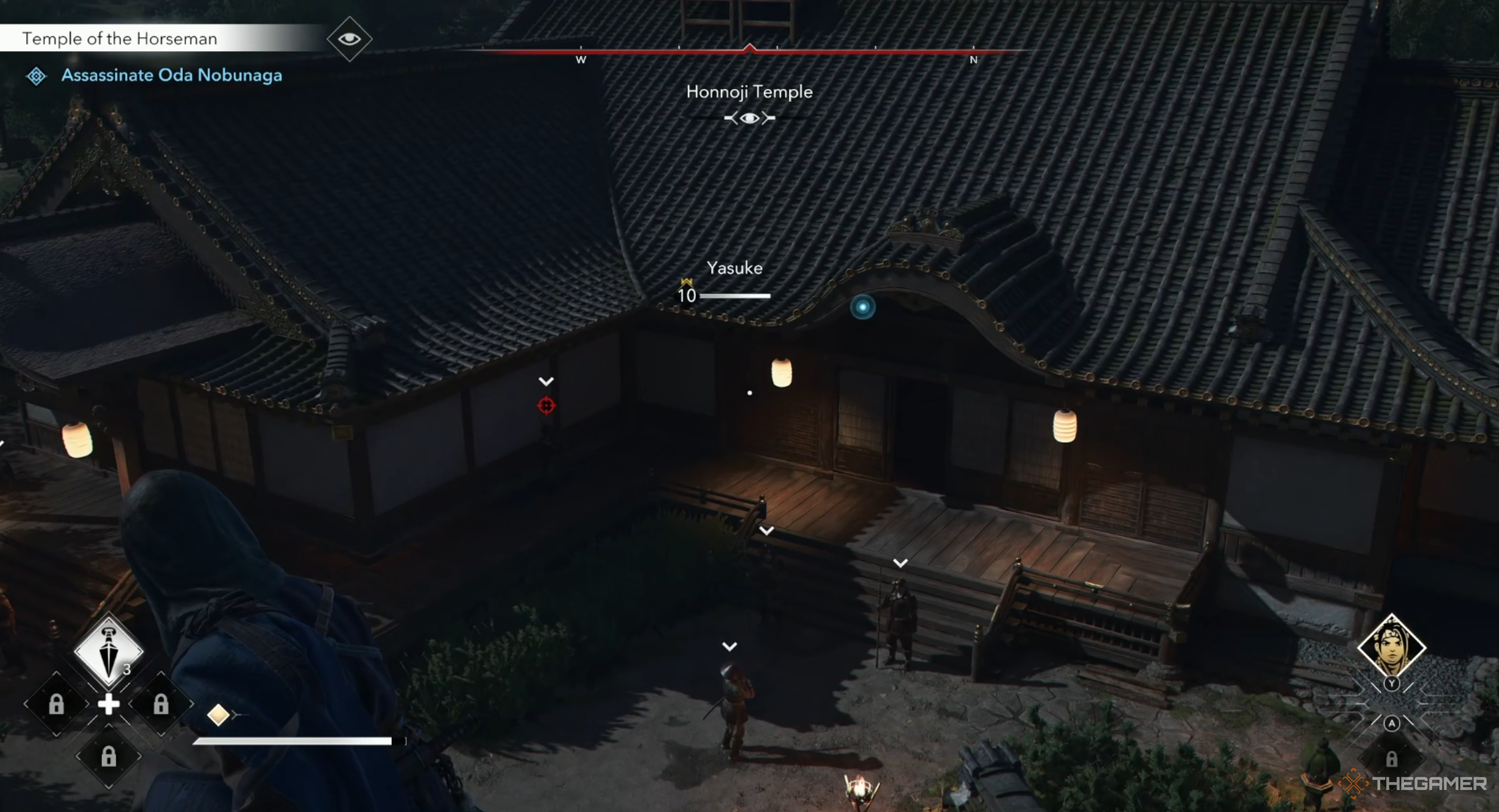 Naoe spying on Yasuke in Assassin's Creed Shadows.