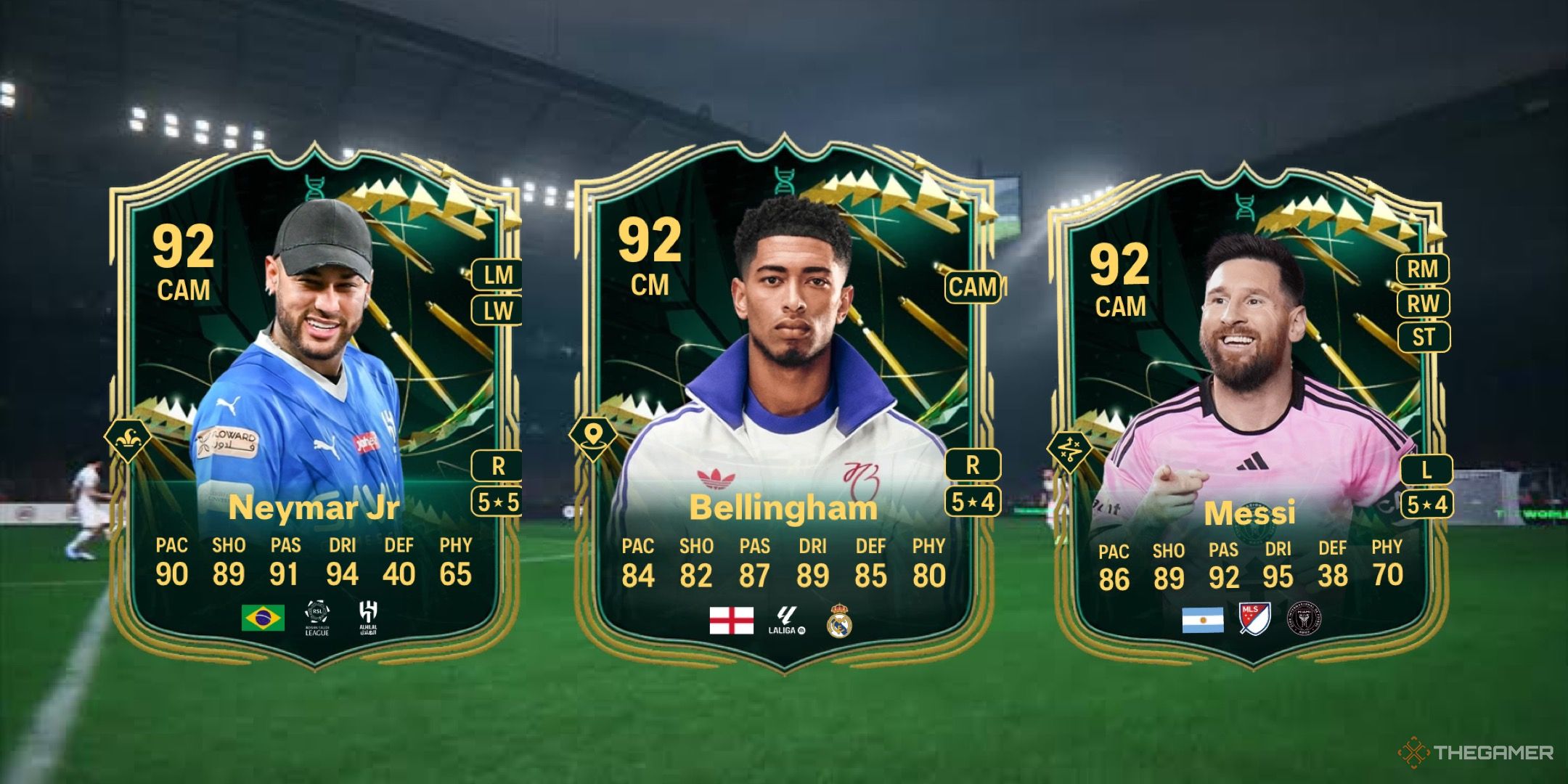 Image showing Neymar, Bellingham, and Messi card against a faded pitch background.