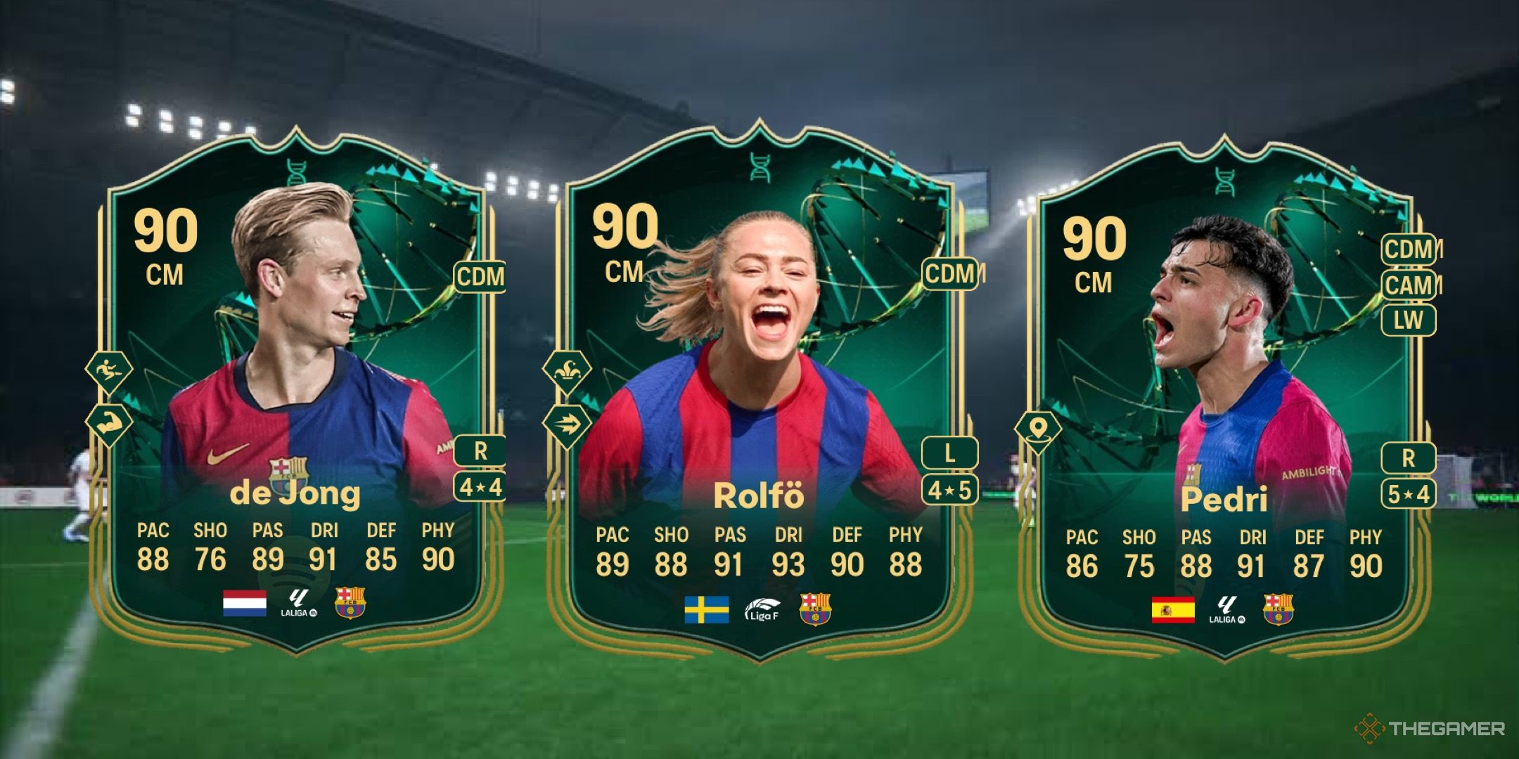Image showing de Jong, Rolfö, and Pedri card against a faded pitch background.