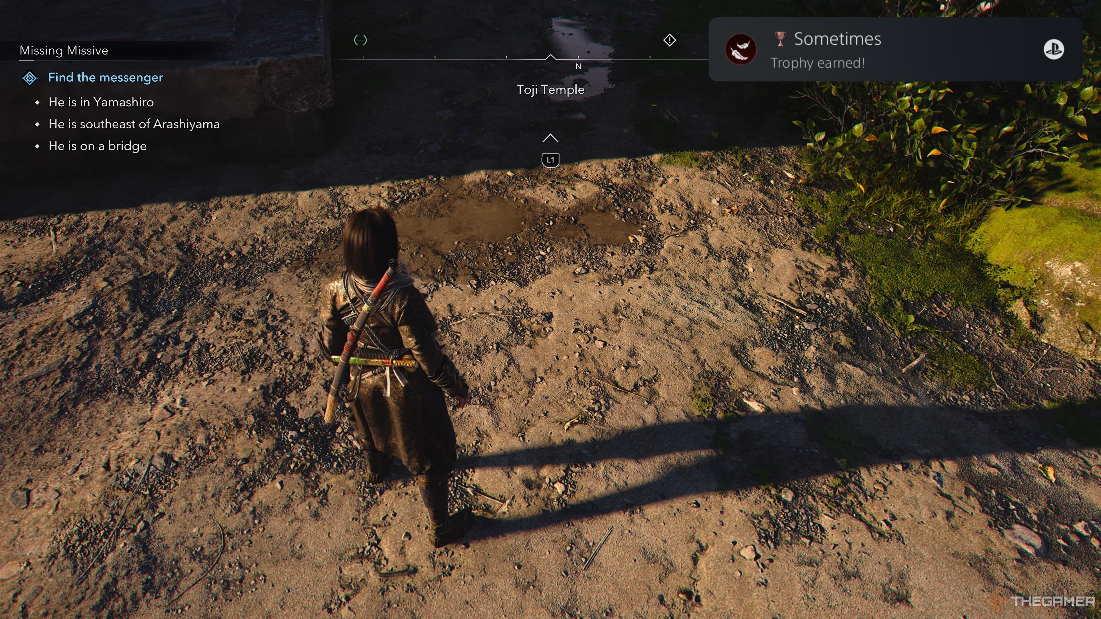 Naoe and a trophy unlock notification in Assassin's Creed: Shadows.