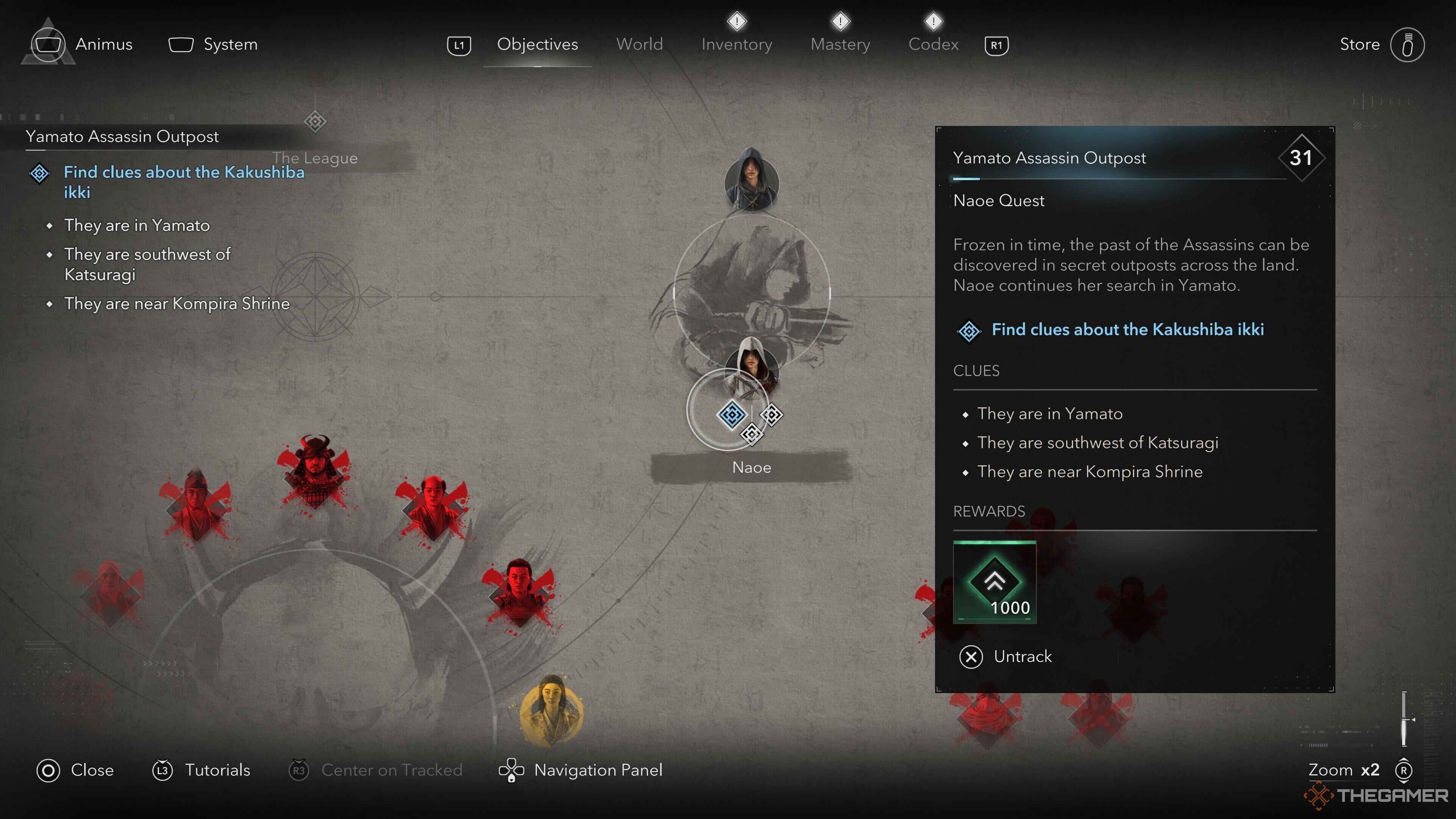 The objectives screen and a track icon in Assassin's Creed Shadows.