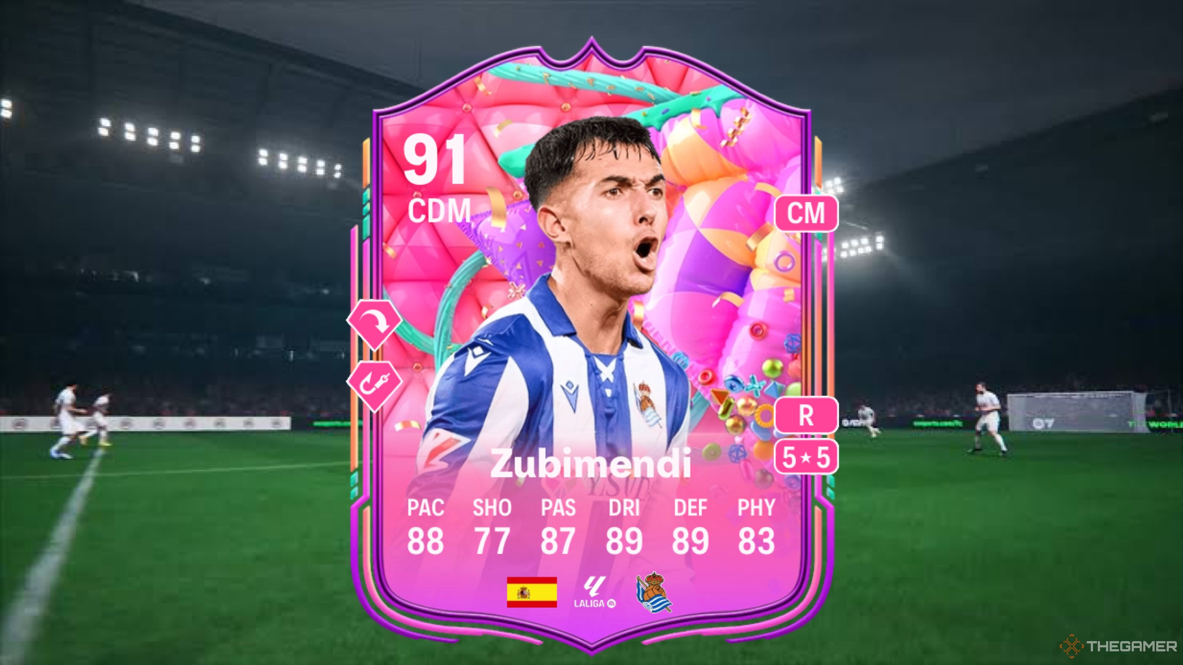 Image showing Zubimendi card against a faded pitch background.
