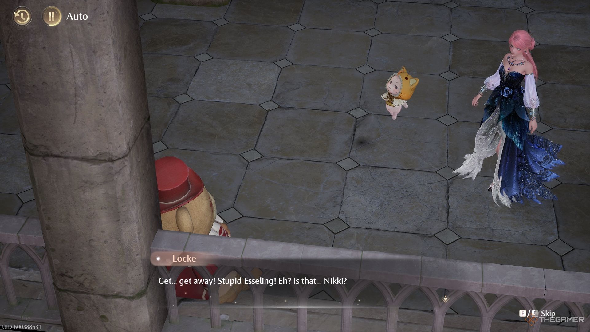 Nikki and Momo approaching a talking bear plushie.