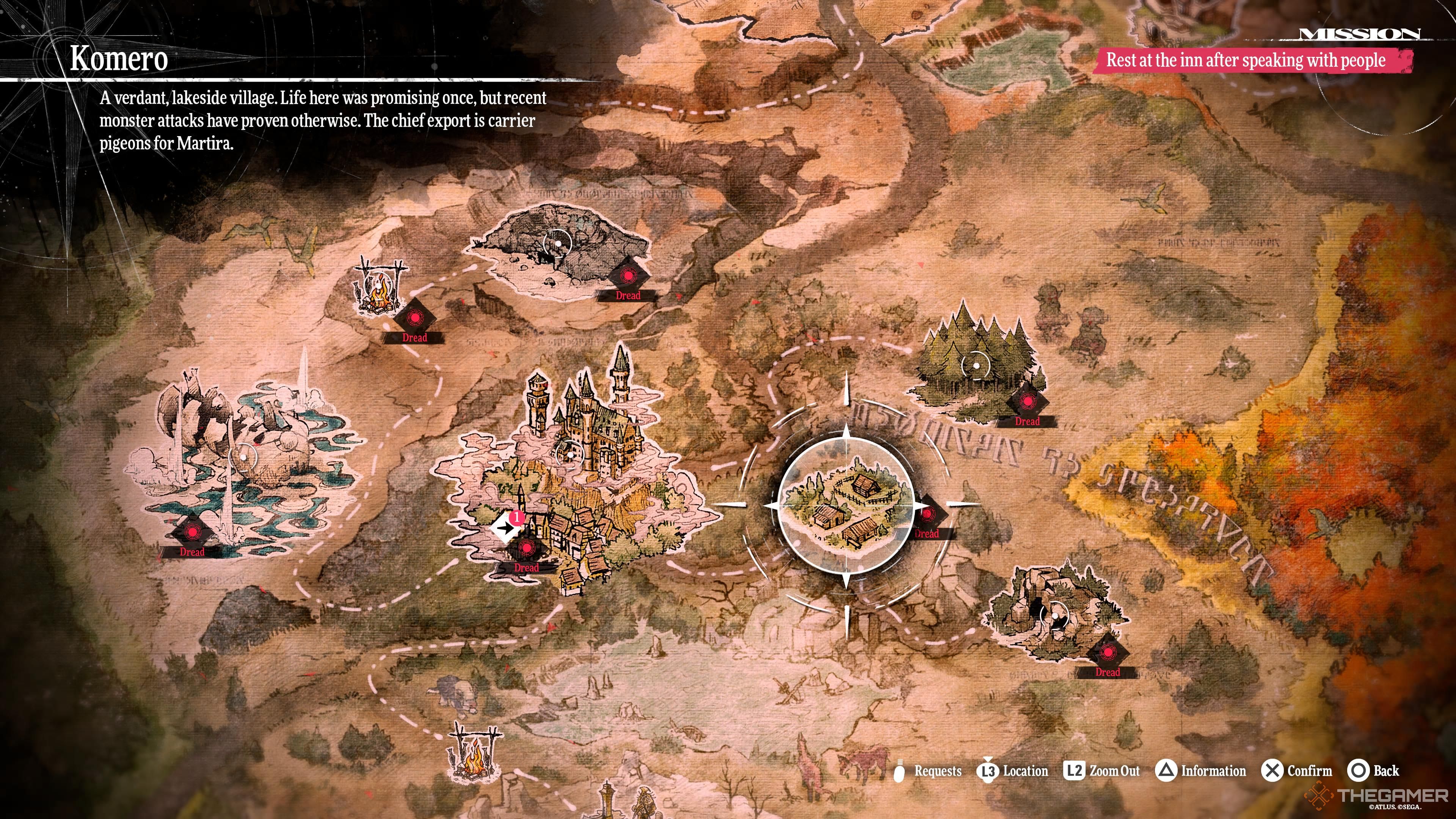A screenshot showing the location of the first relic for Neuras in Komero Village in Metaphor: ReFantazio.