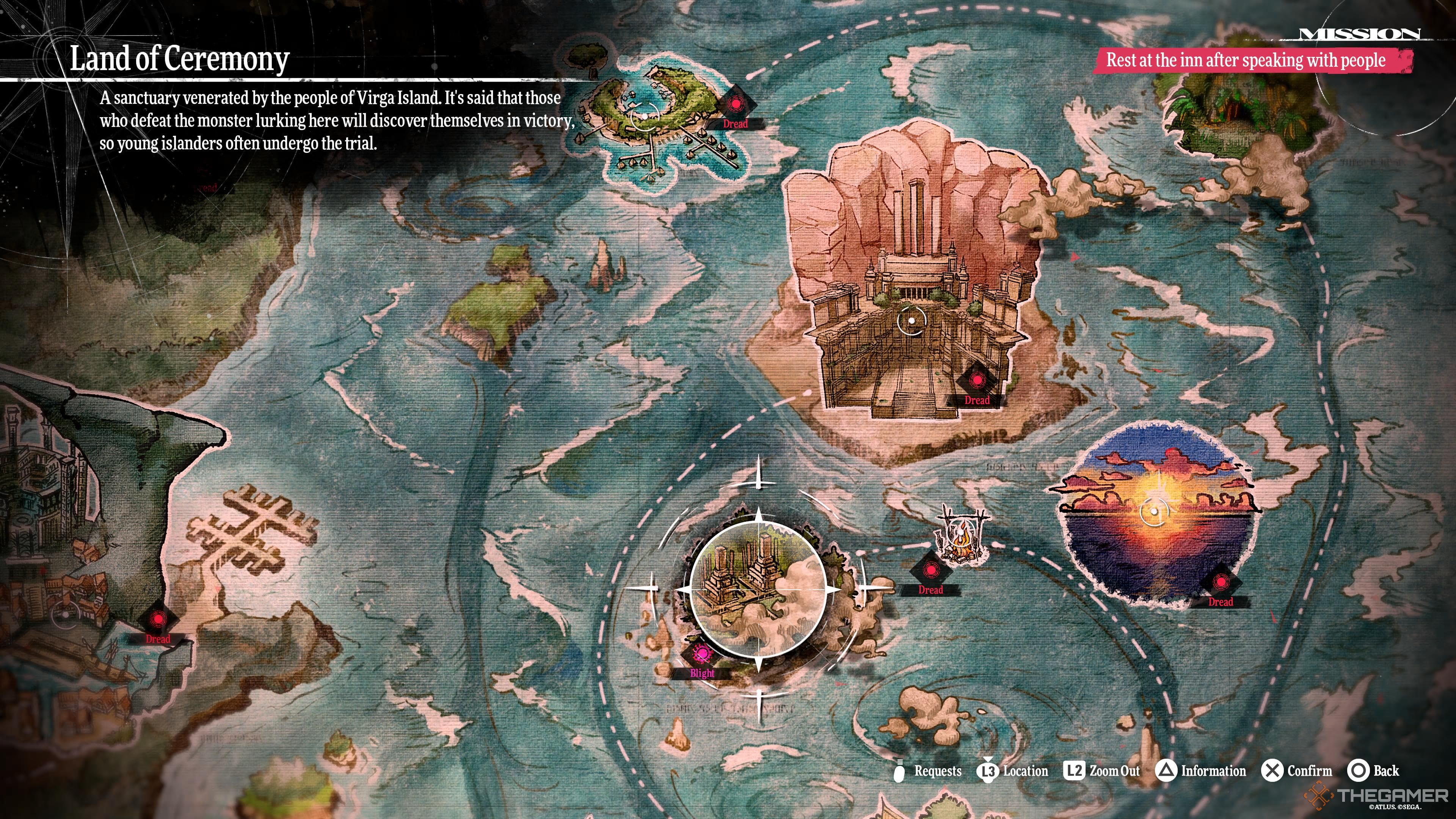 A screenshot of the world map showcasing the Land of Ceremony dungeon in Metaphor: ReFantazio.