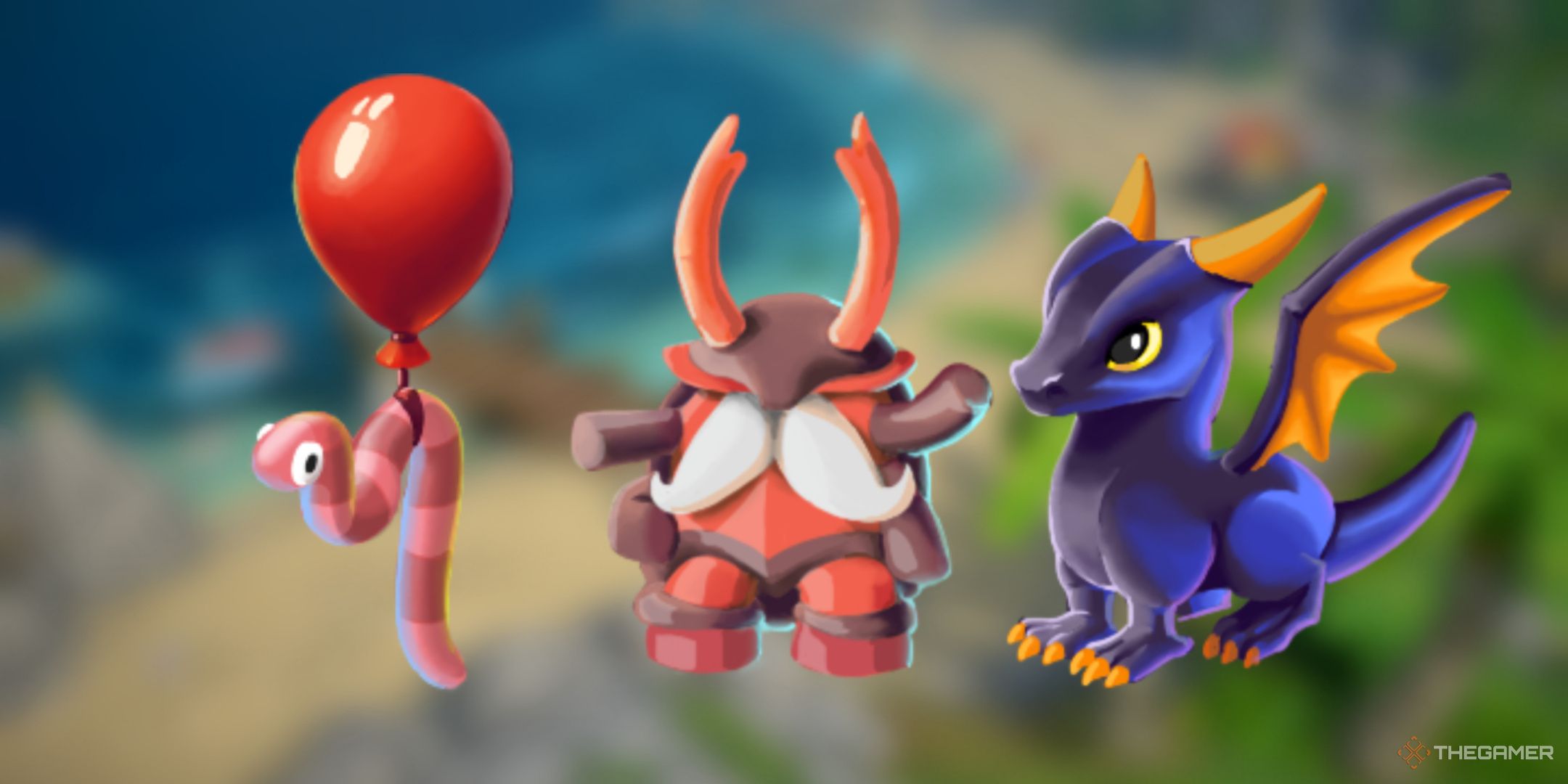 Luma Island, Featured Image, three lumas on a blurred background of the beach. Specifically, the Worm Luma, the Beetle Luma, and the Dragon Luma.