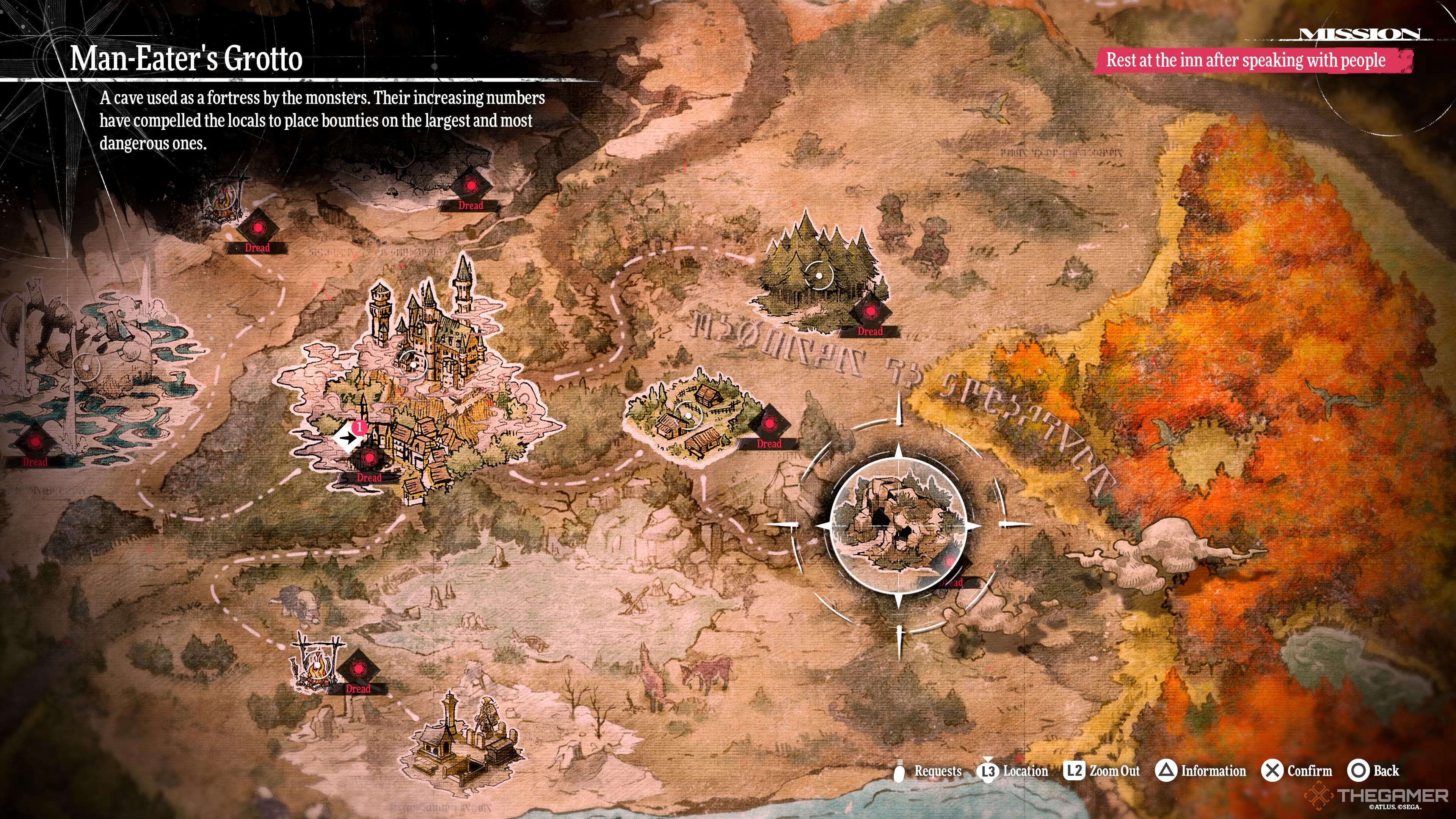 A screenshot of the world map showcasing the Man Eater's Grotto dungeon in Metaphor: ReFantazio.