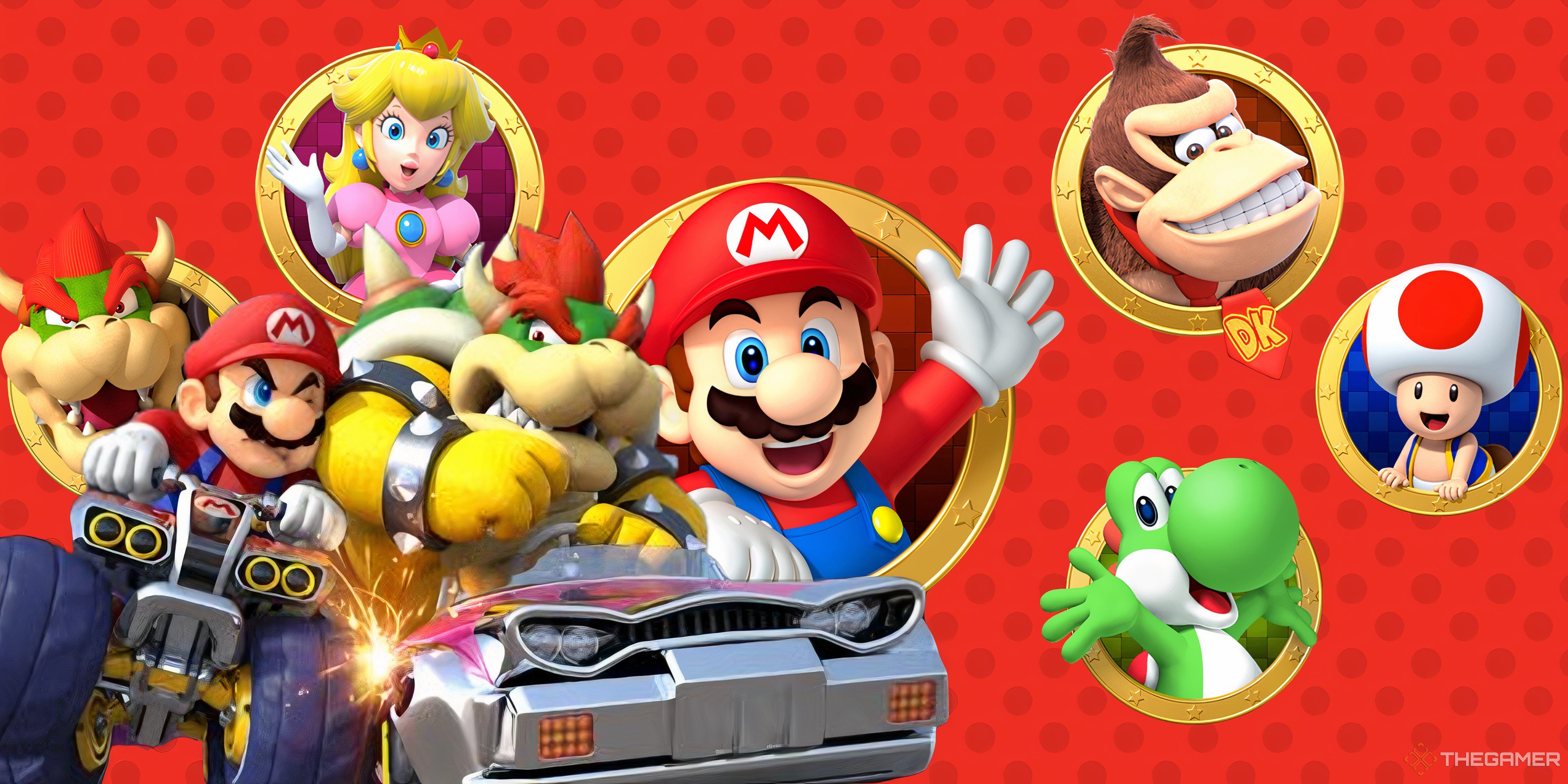 mario and bowser clashing in karts in front of various super mario characters.