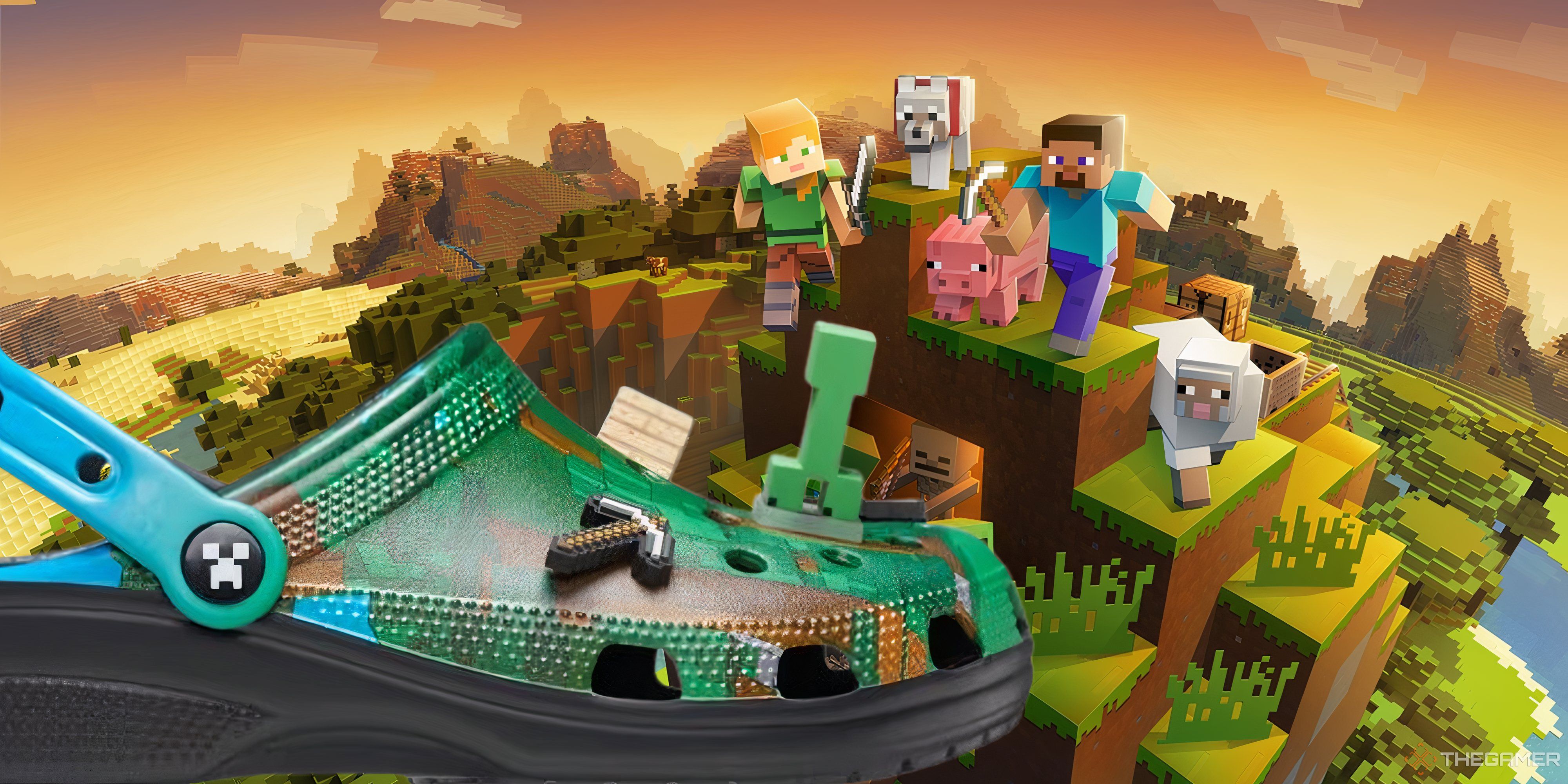 minecraft characters heading towards a giant minecraft croc.