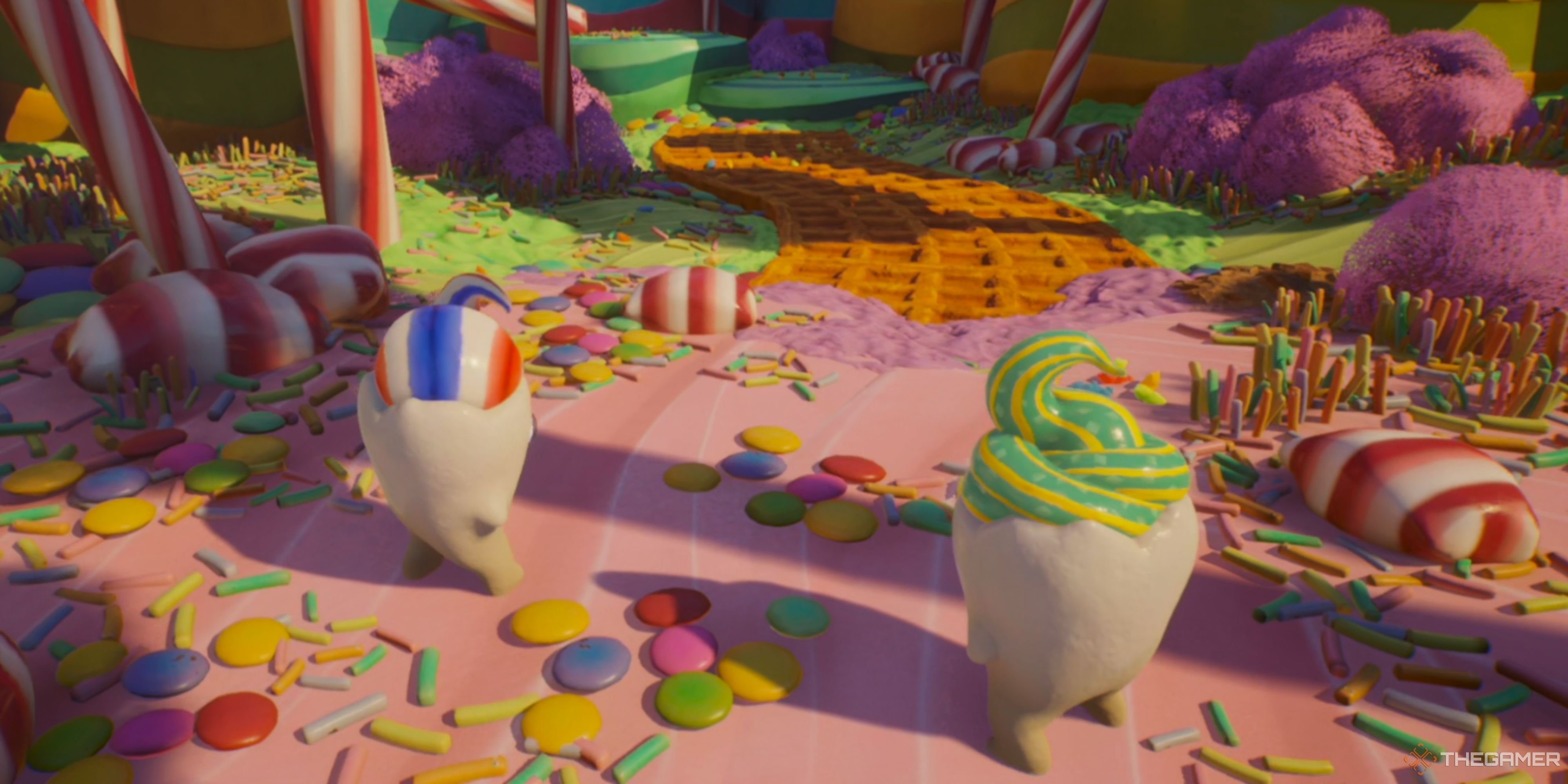 Mio and Zoe as teeth in Birthday Cake level of Split Fiction