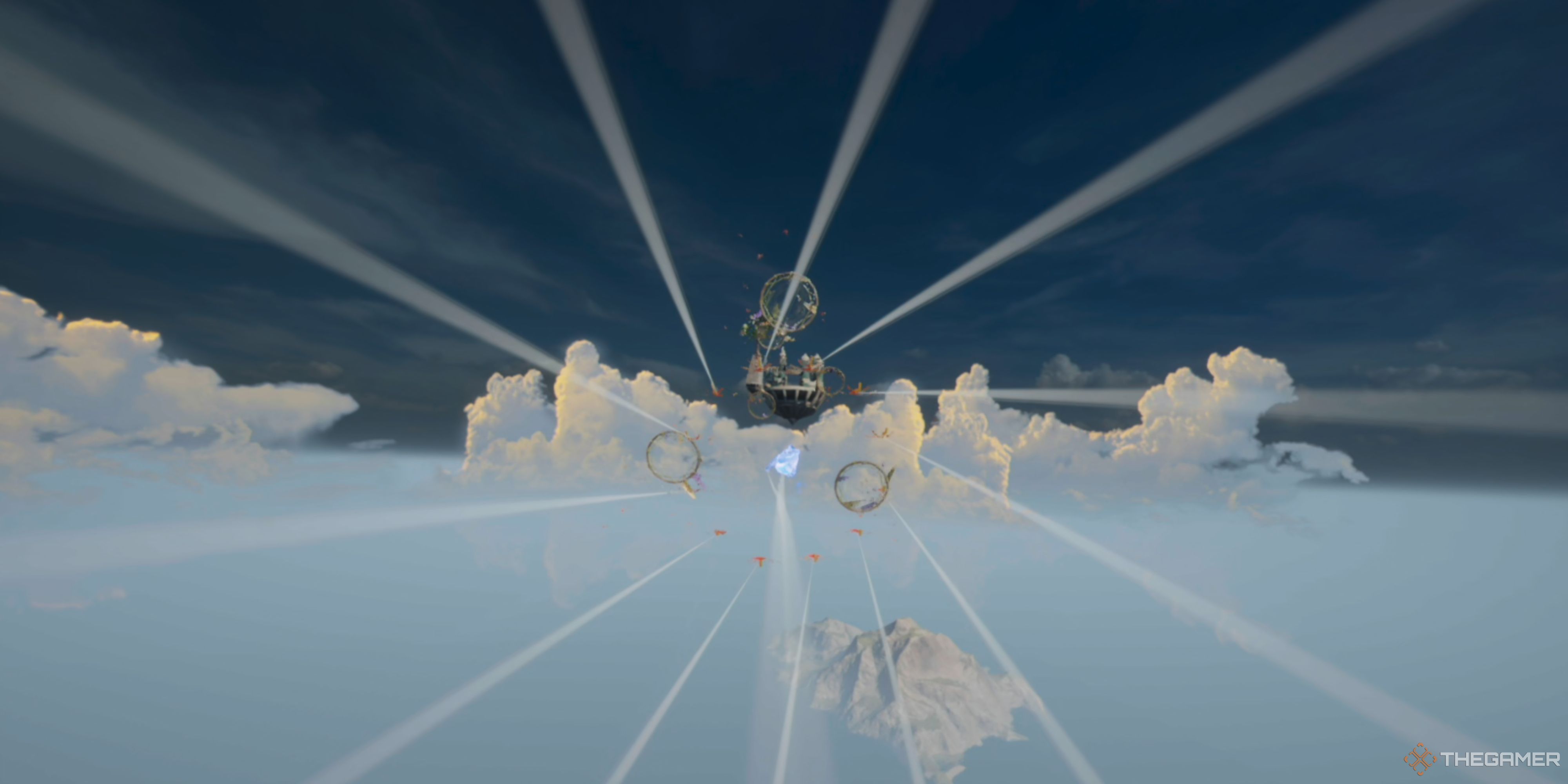 Mio and Zoe flying through wind tunnels in Kite level in Split Fiction