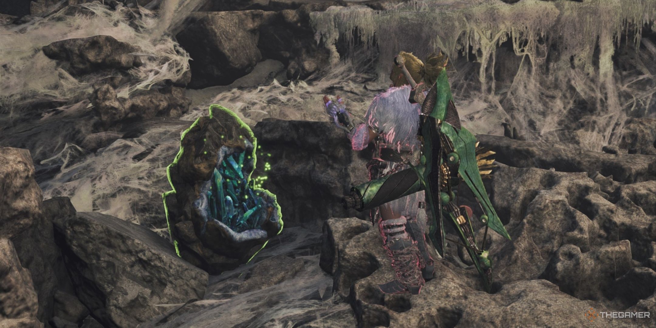 A hunter clapping towards a mining outcrop with fucium in monster hunter wilds.
