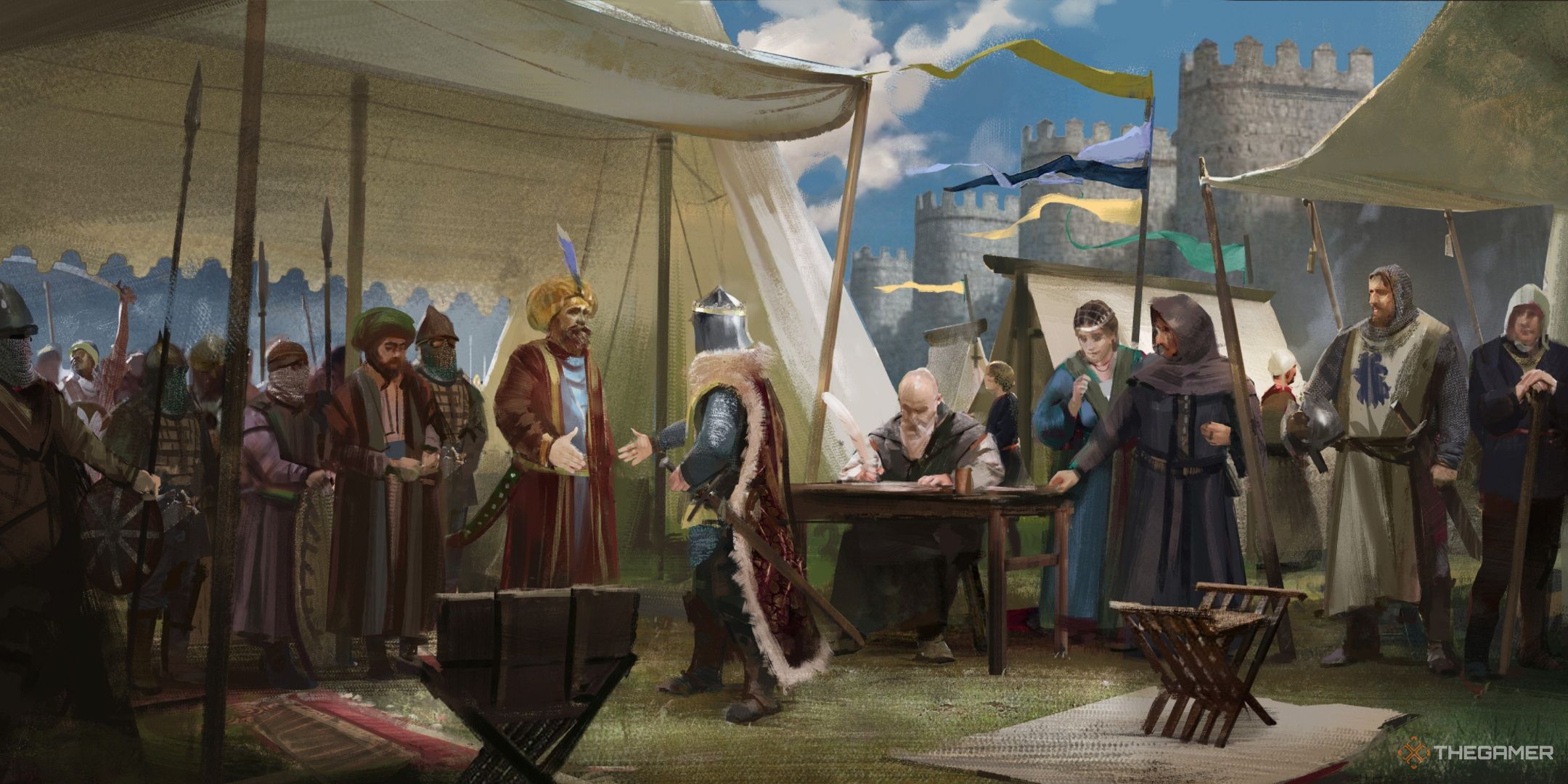 Two leaders meeting with many others in crusader kings 3 artwork.