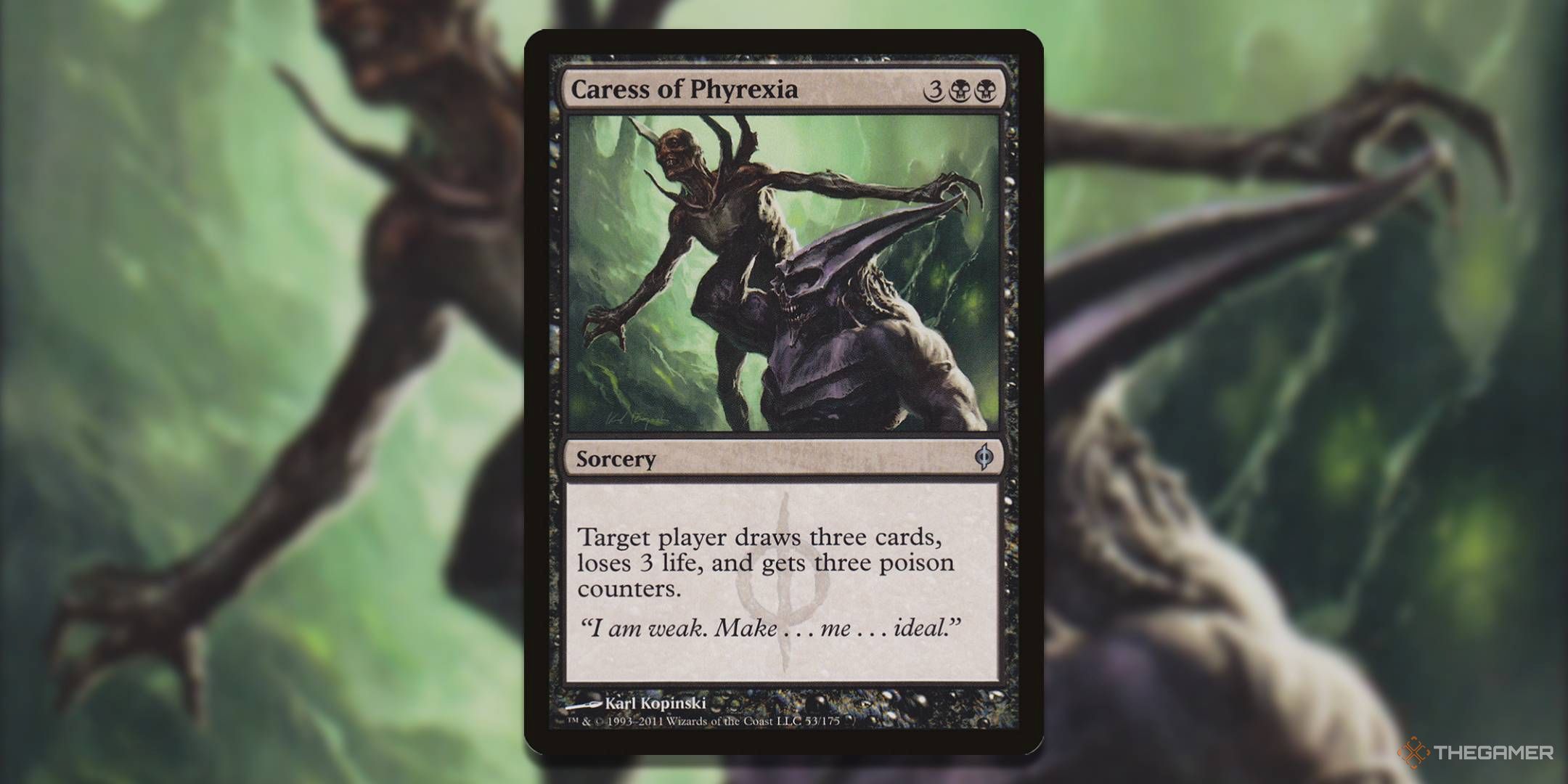 MTG Caress of Phyrexia card with the art in the background.