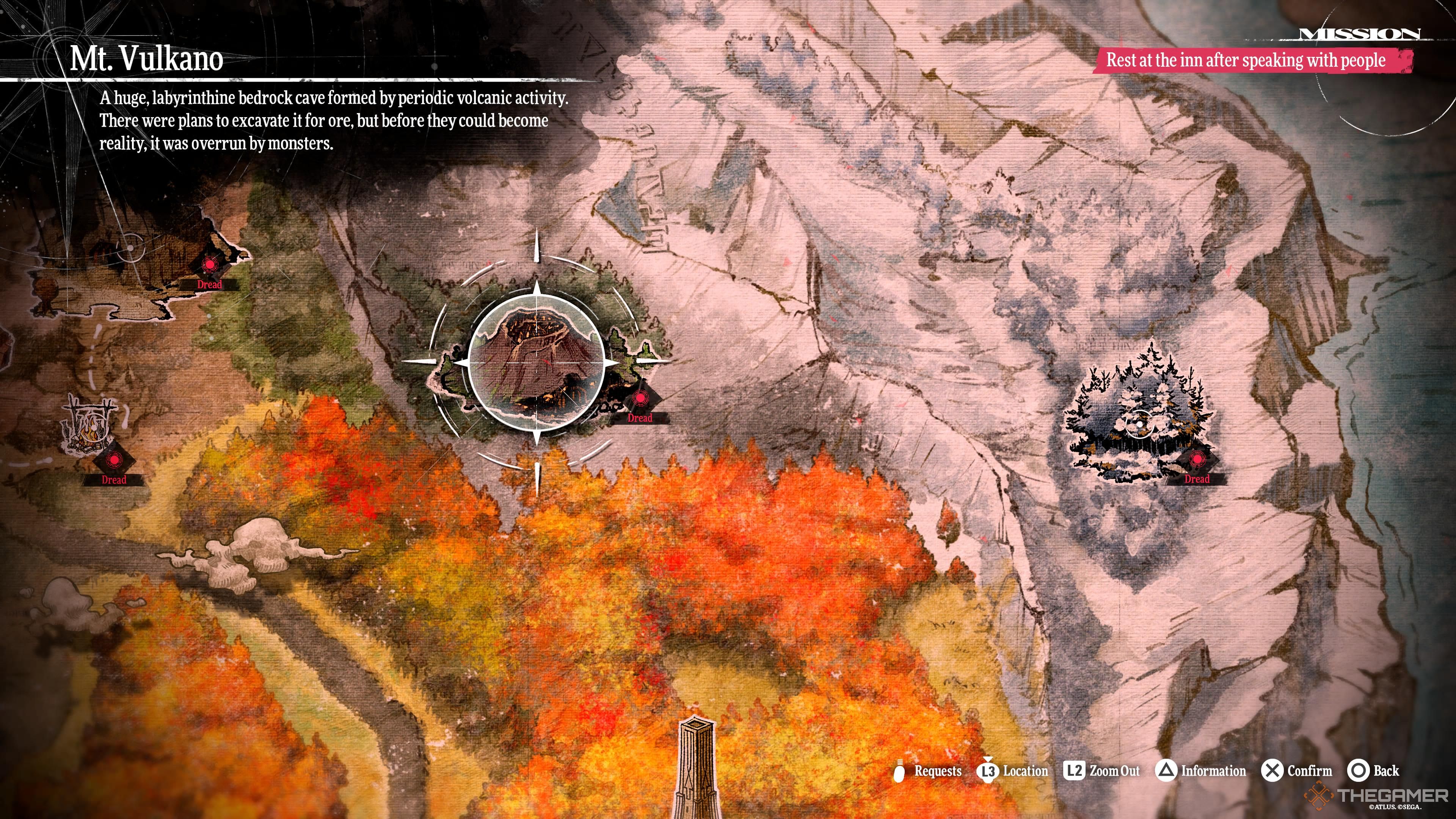A screenshot of the world map showcasing the Mt. Vulkano dungeon in Metaphor: ReFantazio.