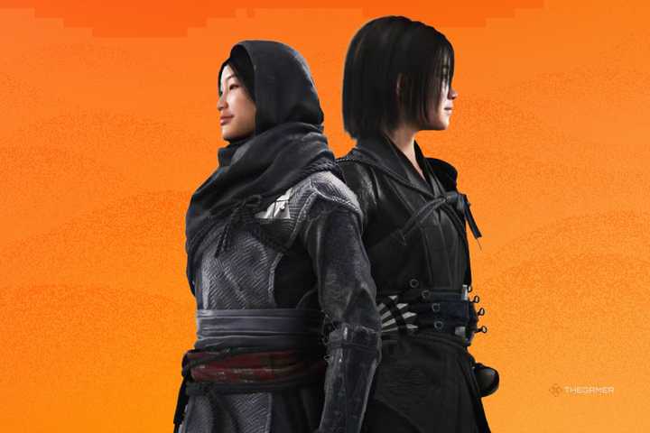 Naoe and Katsuhime from Assassins Creed Shadows over an orange background.