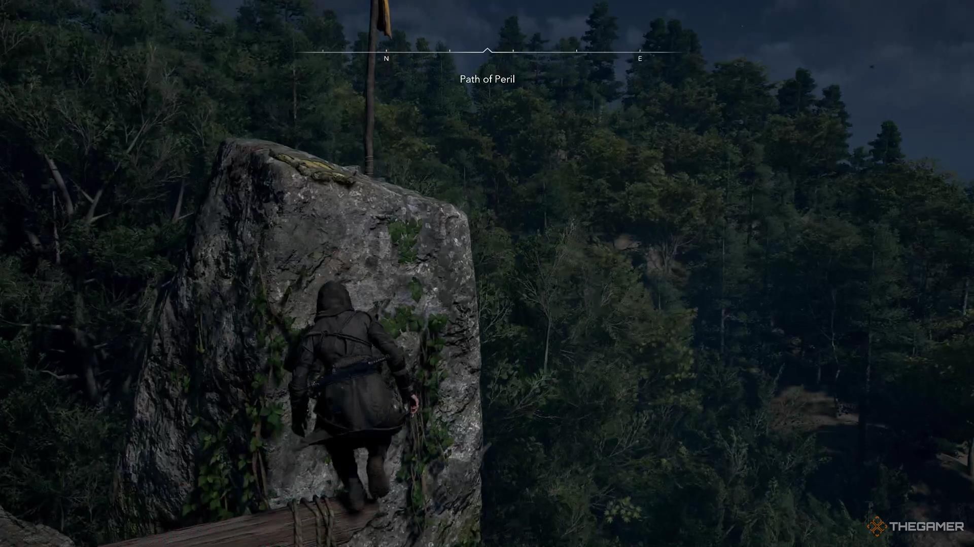 Naoe jumps onto a pole in Assassin's Creed Shadows.