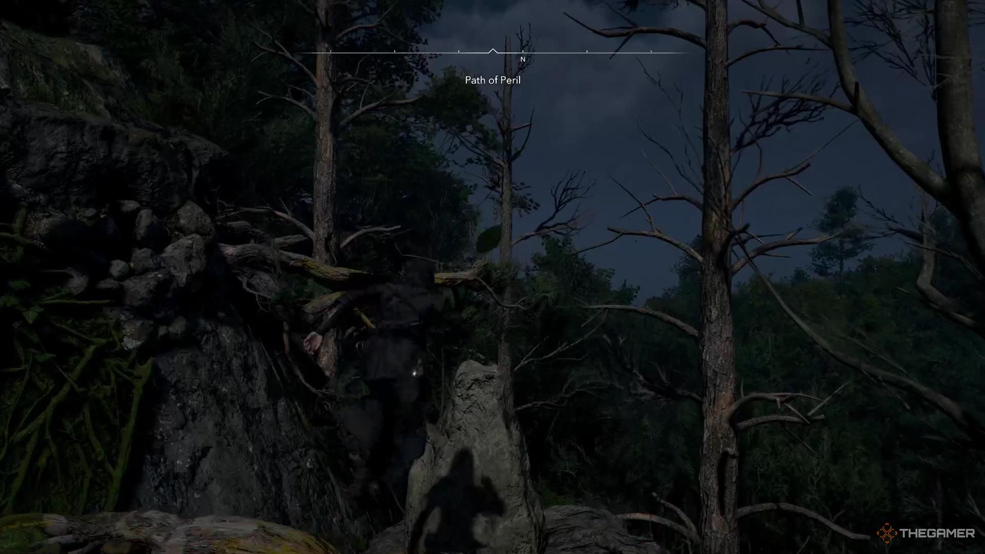 Naoe leaps from a small stone pillar in Assassin's Creed Shadows.