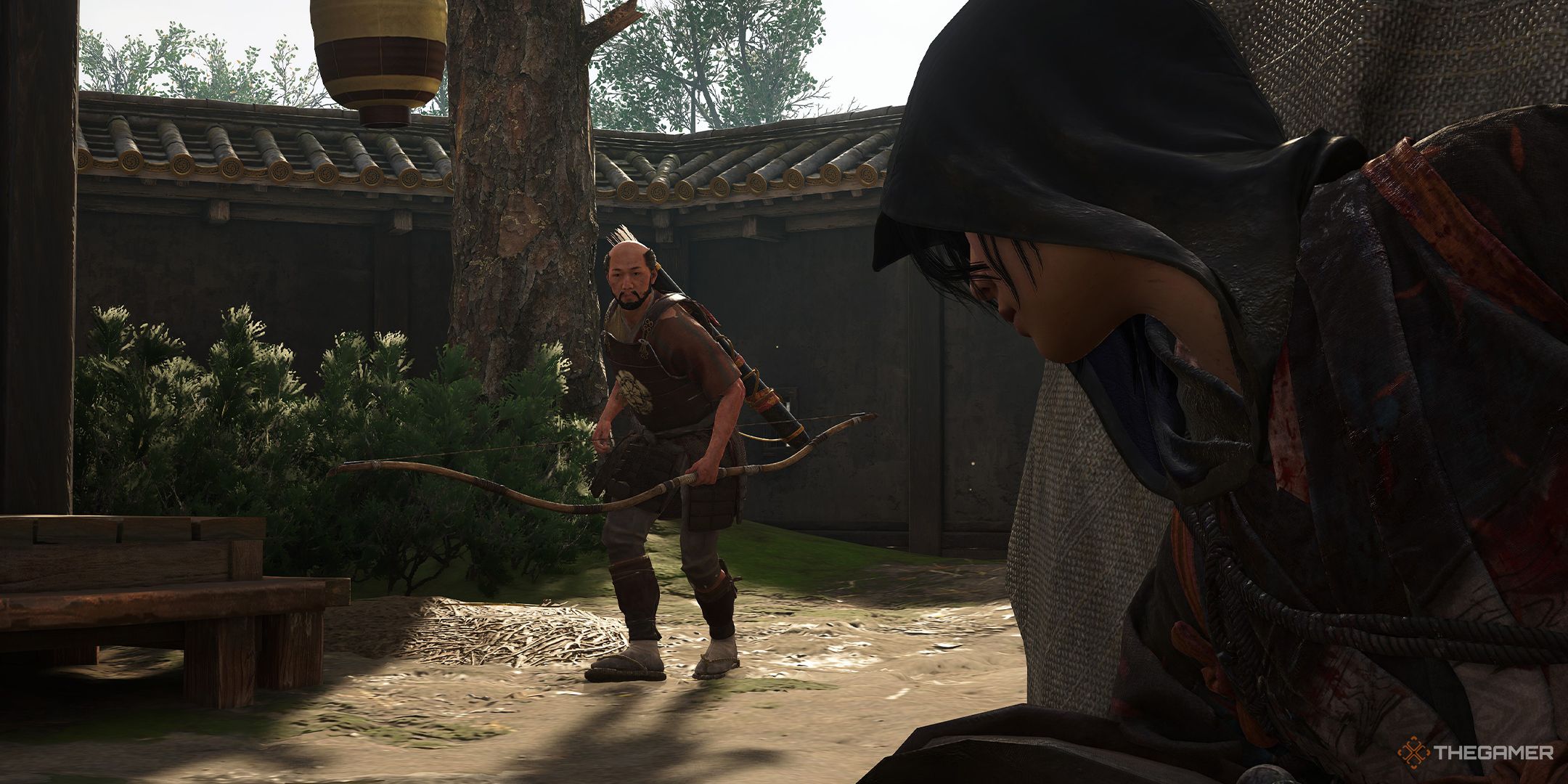 Naoe peering around the corner at an encroaching enemy holding a bow and arrow in Assassin's Creed Shadows.