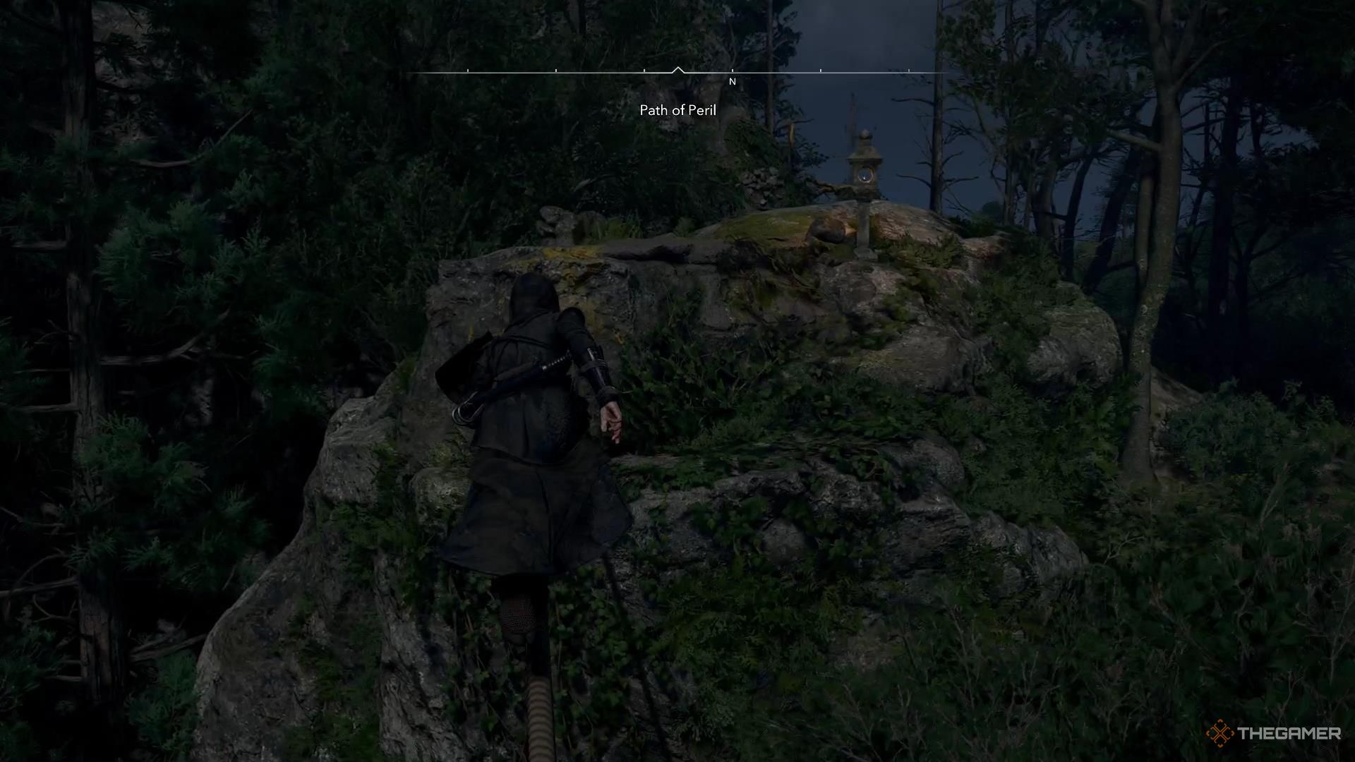 Naoe walks across a rope over a group of trees in Assassin's Creed Shadows.