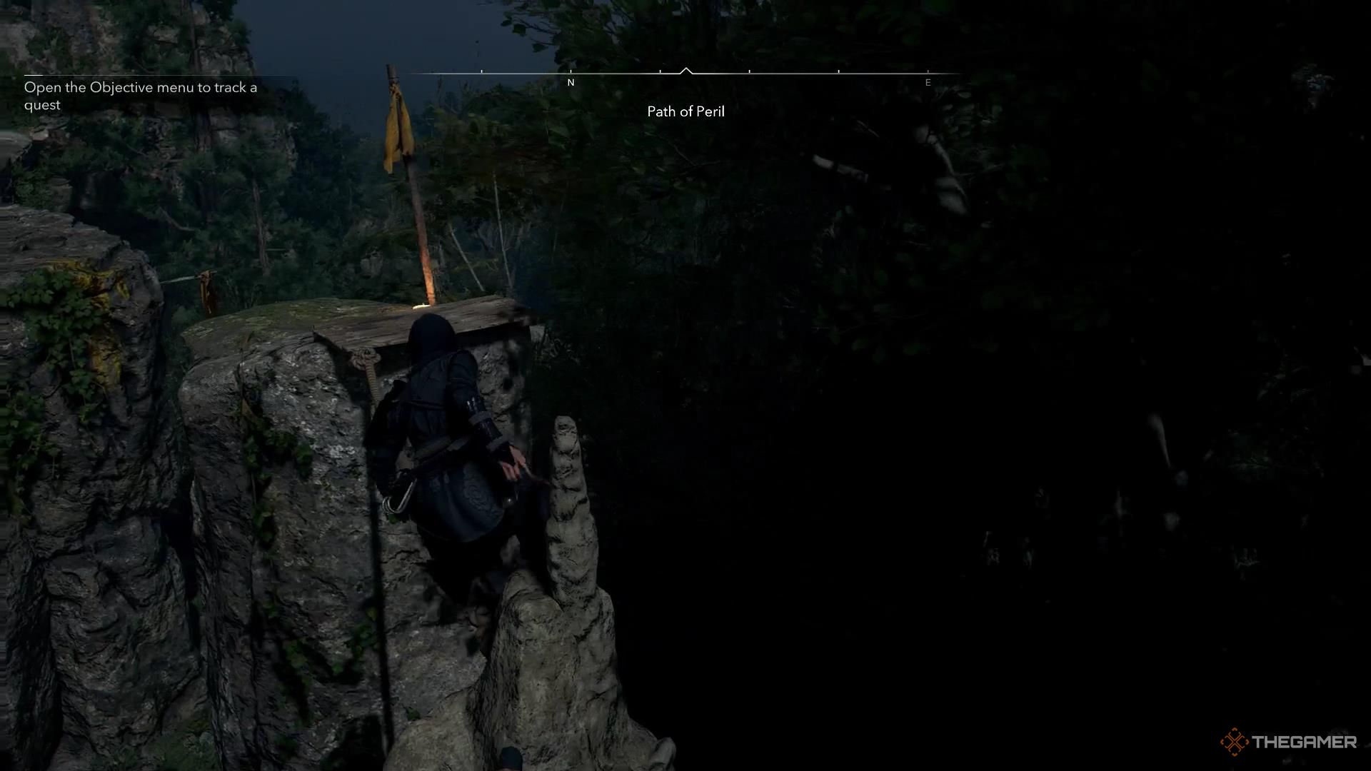 Naoe walks across a series of ropes in Assassin's Creed Shadows.