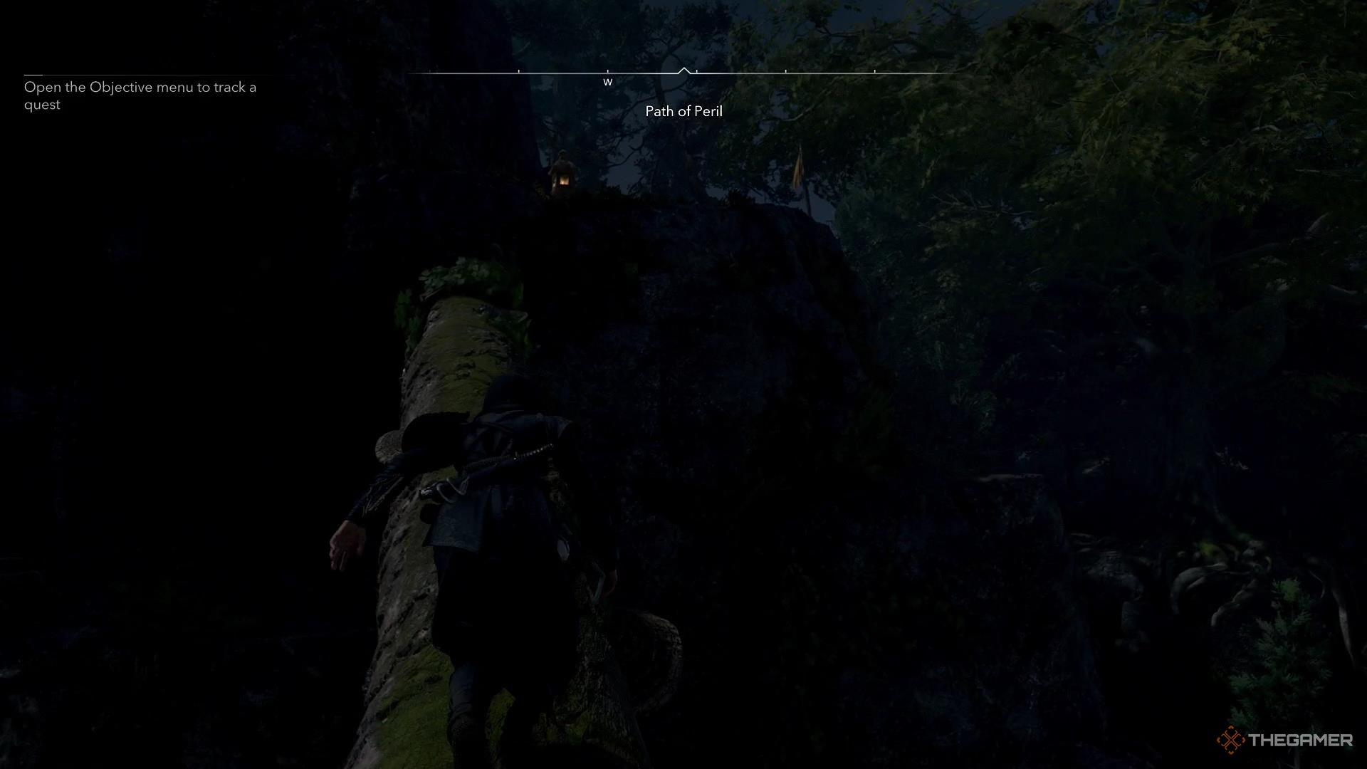 Naoe walks on a log in Assassin's Creed Shadows.