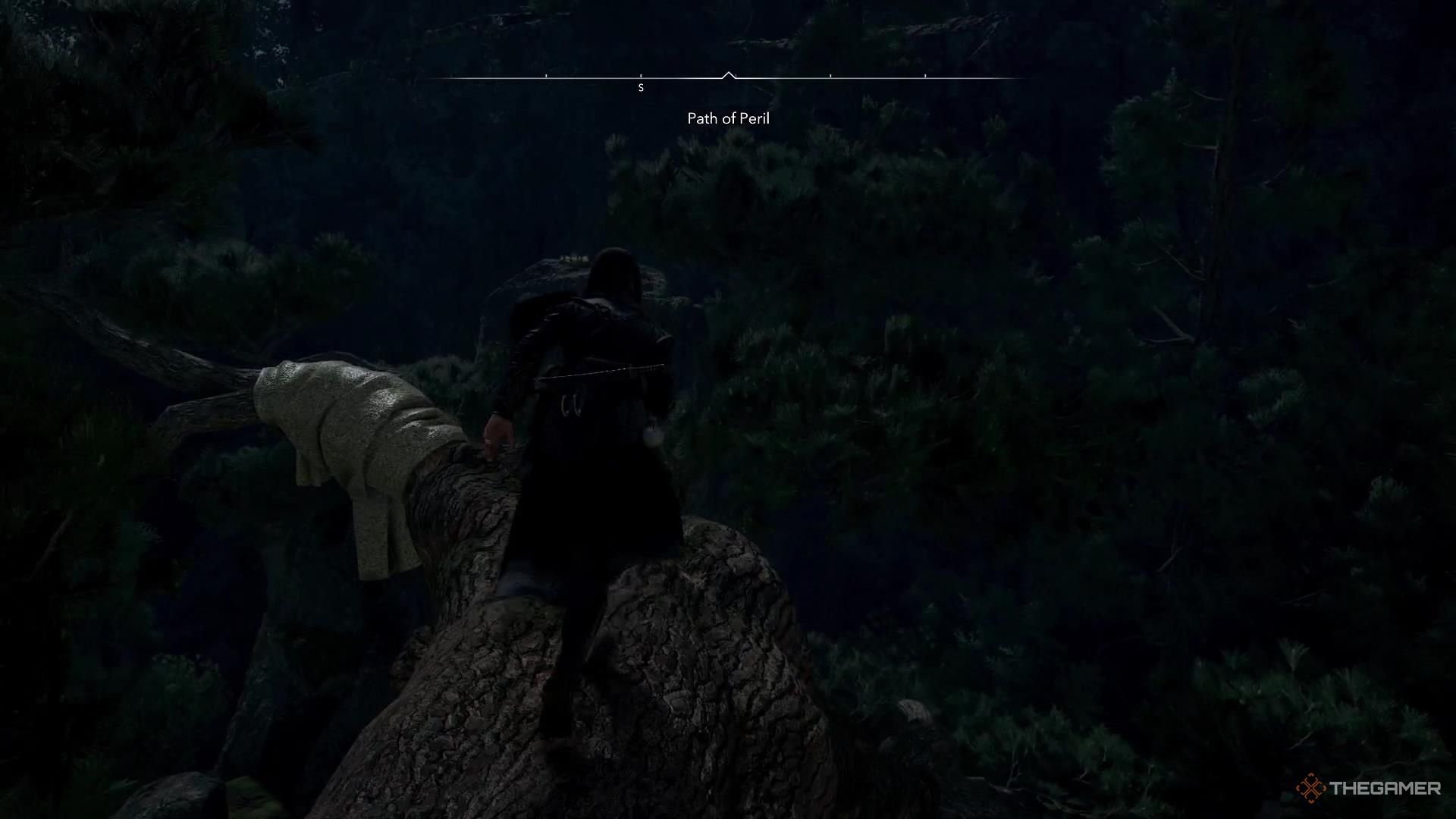 Naoe walks over a tree that extends horizontally over a gap in Assassin's Creed Shadows.